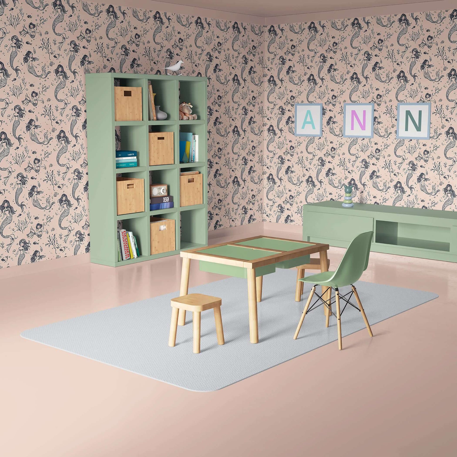 Charming playroom with Mermaid Dreams wallpaper featuring mermaids and sea life, ideal for nurseries and coastal themed children’s spaces.