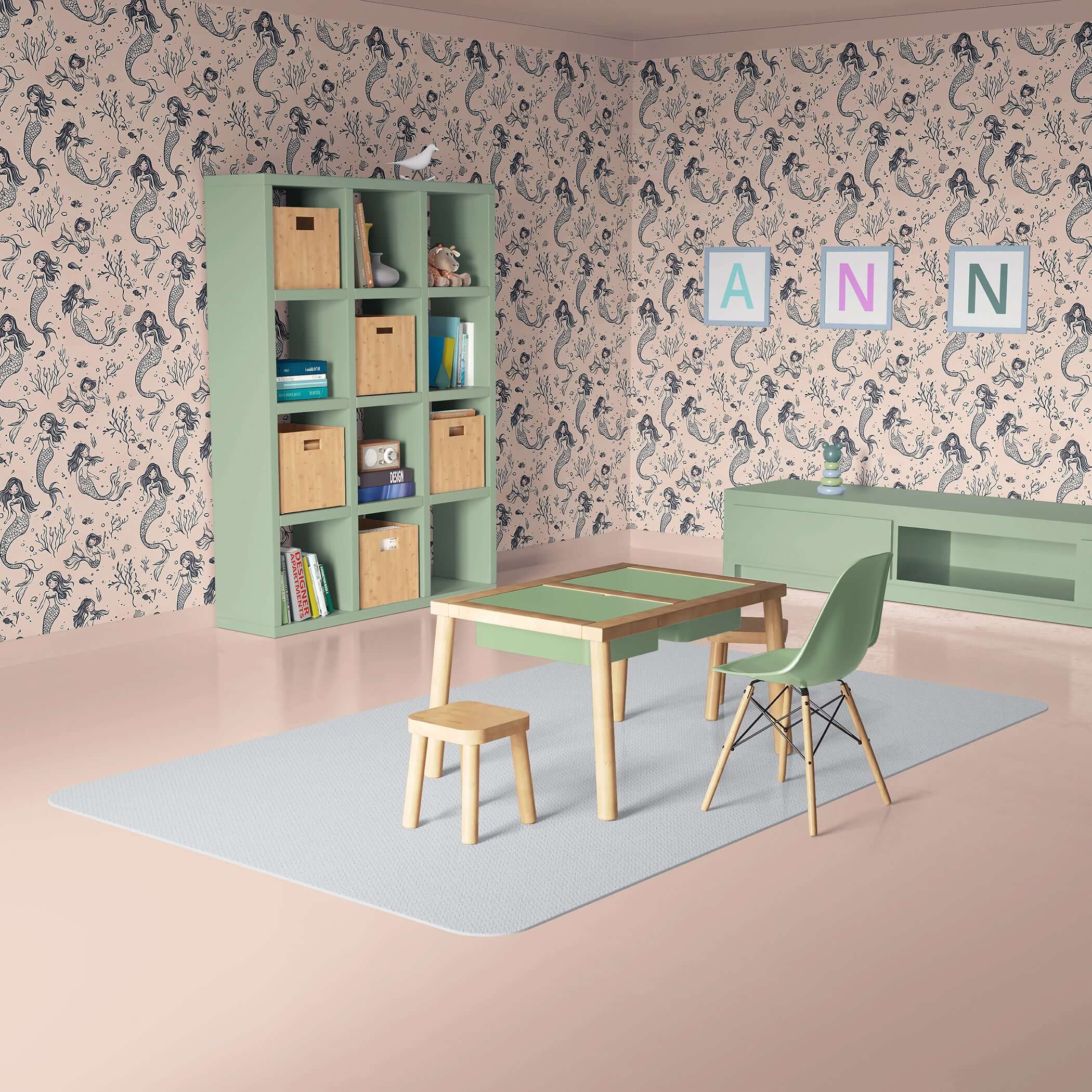 Charming playroom with Mermaid Dreams wallpaper featuring mermaids and sea life, ideal for nurseries and coastal themed children’s spaces.