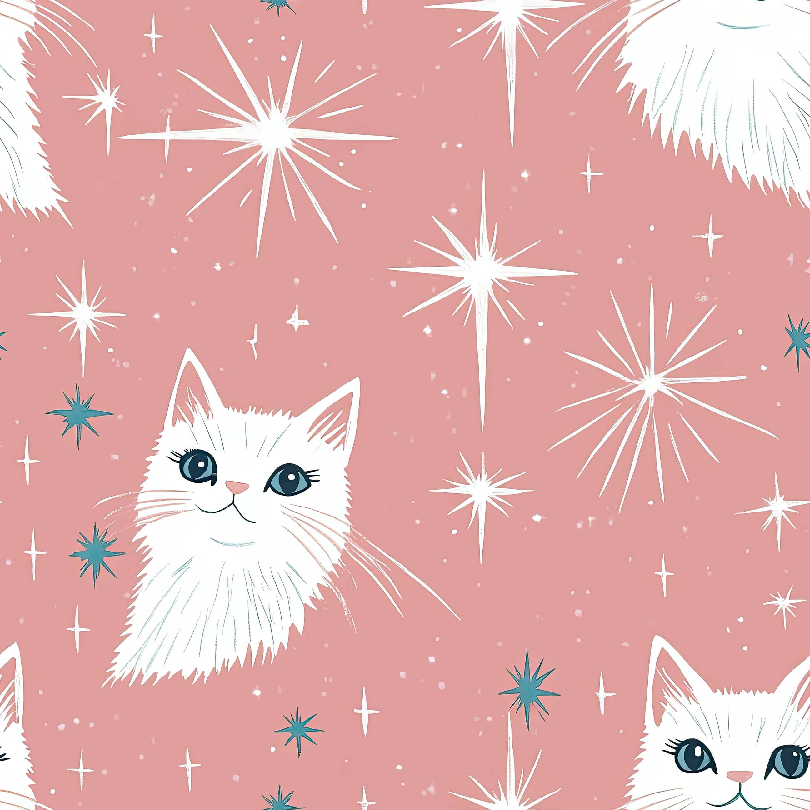 Whimsical wallpaper with fluffy white cats, celestial starbursts on dusty pink background - perfect for nurseries and playrooms.