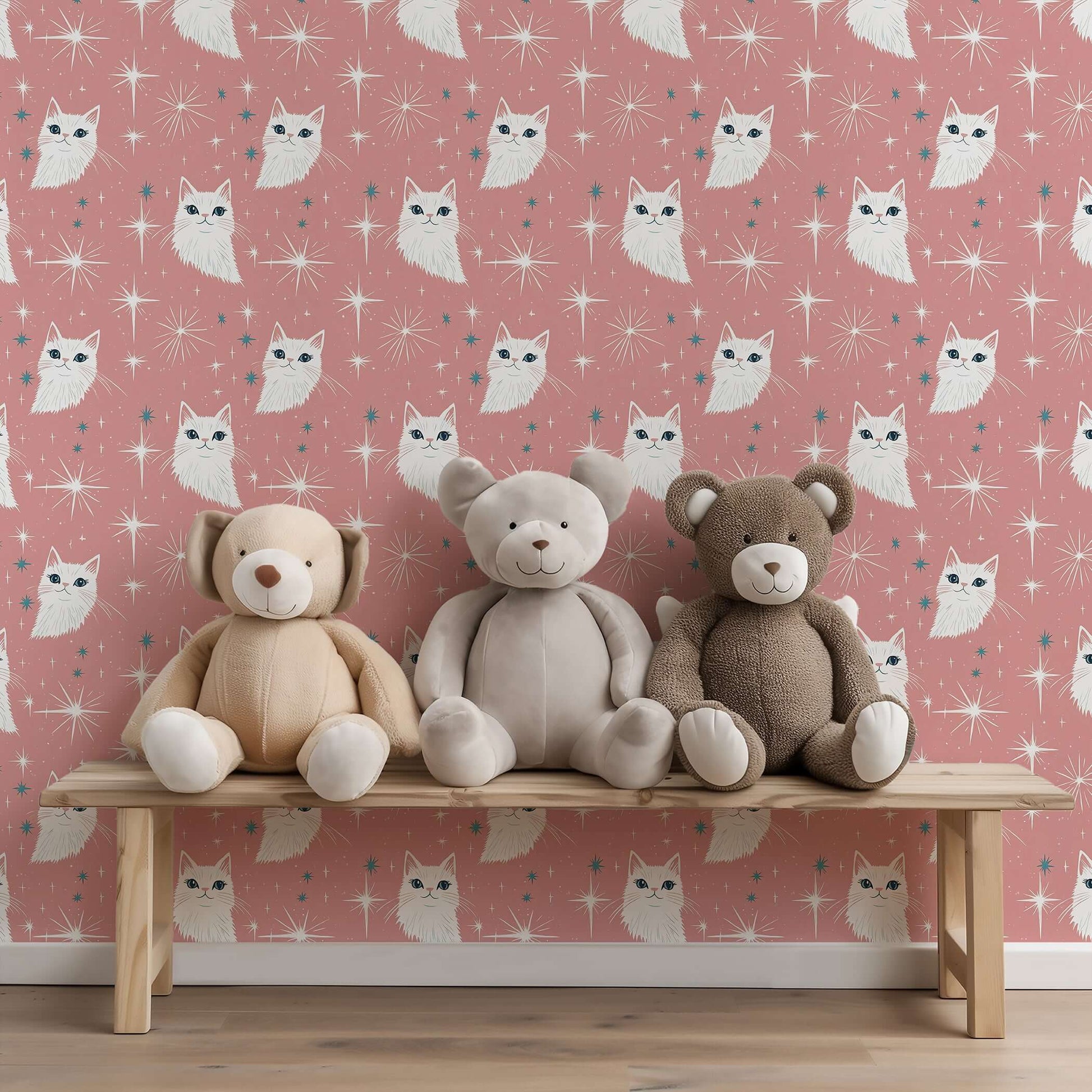 Mid-century modern wallpaper with white cats and starbursts, perfect for children's nursery or playroom, featuring plush teddy bears on a bench.