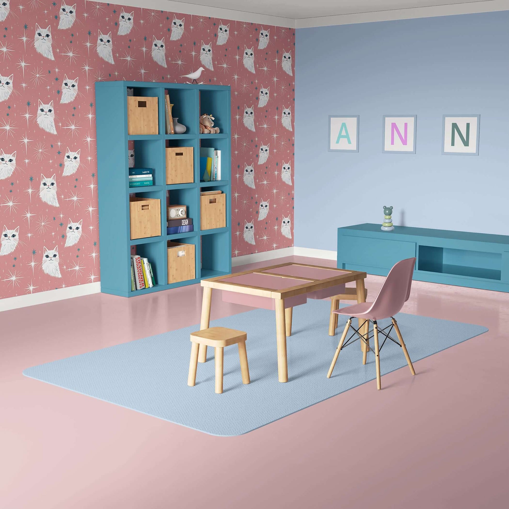 Nursery with Milky Way Meow wallpaper featuring playful cats and mid-century design, perfect for children's playroom or studio.