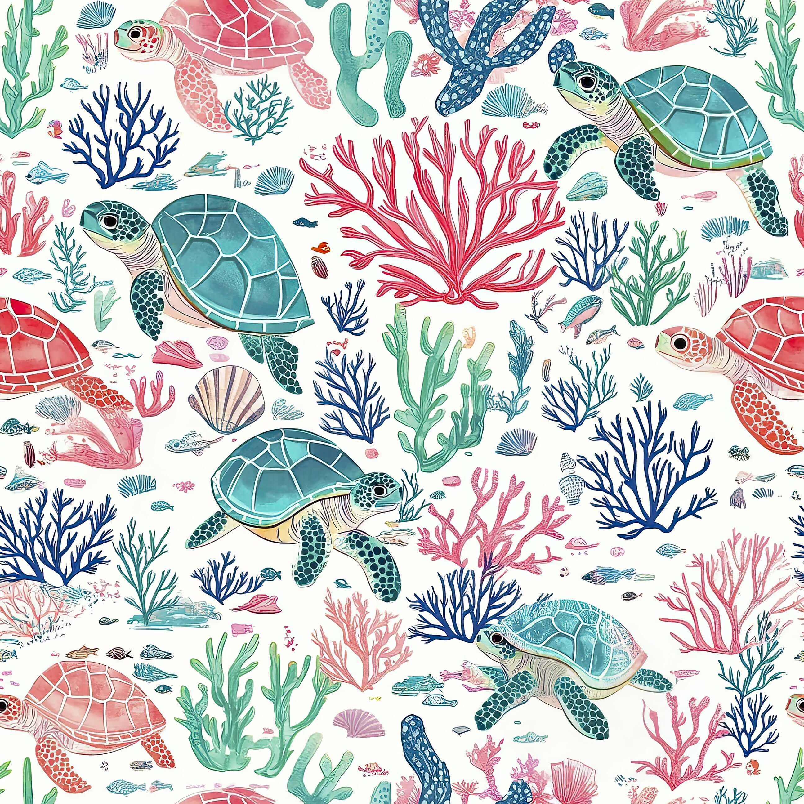 Vibrant Turtle Reef wallpaper featuring hand-drawn turtles, colorful reefs, and marine life, perfect for ocean-themed nurseries.