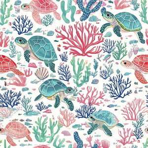 Vibrant Turtle Reef wallpaper featuring hand-drawn turtles, colorful reefs, and marine life, perfect for ocean-themed nurseries.