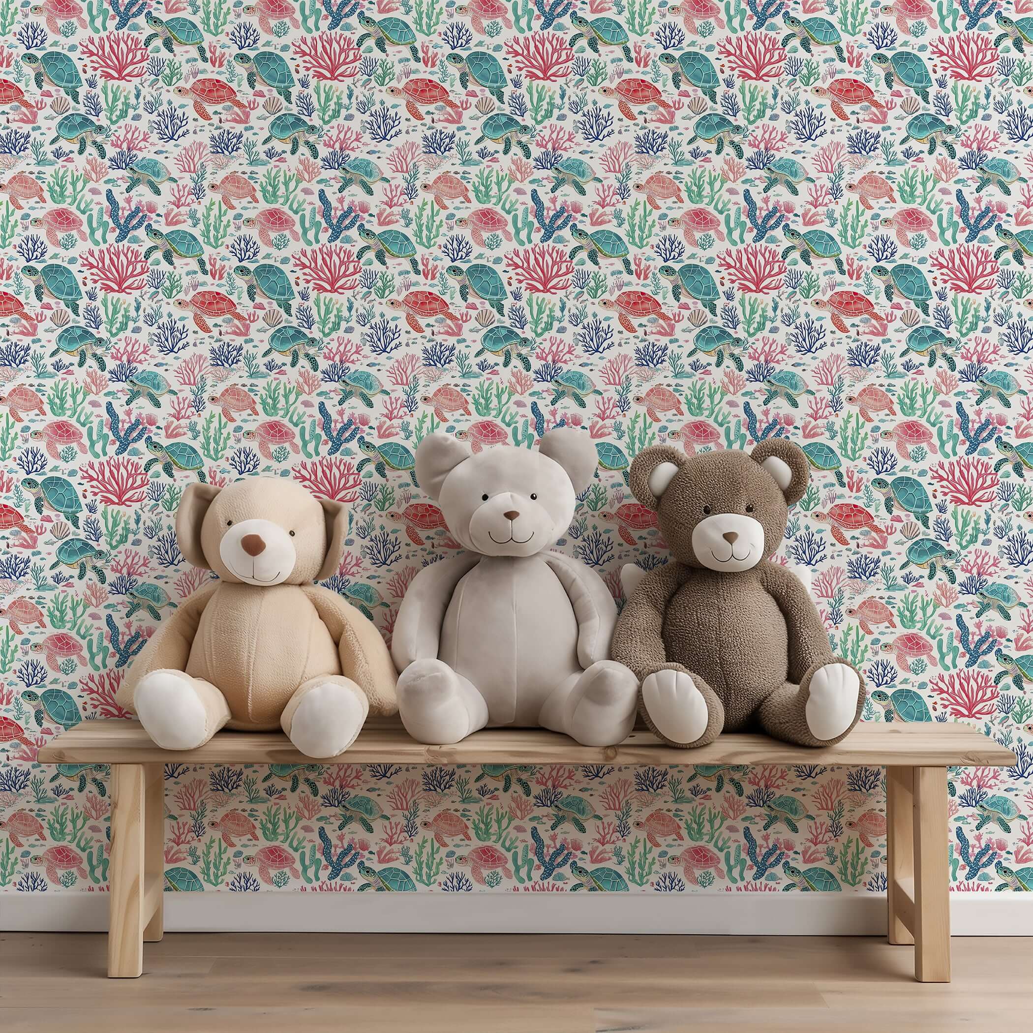 Turtle Reef wallpaper featuring vibrant sea turtles and coral, perfect for ocean-themed nurseries and playrooms with plush toys.