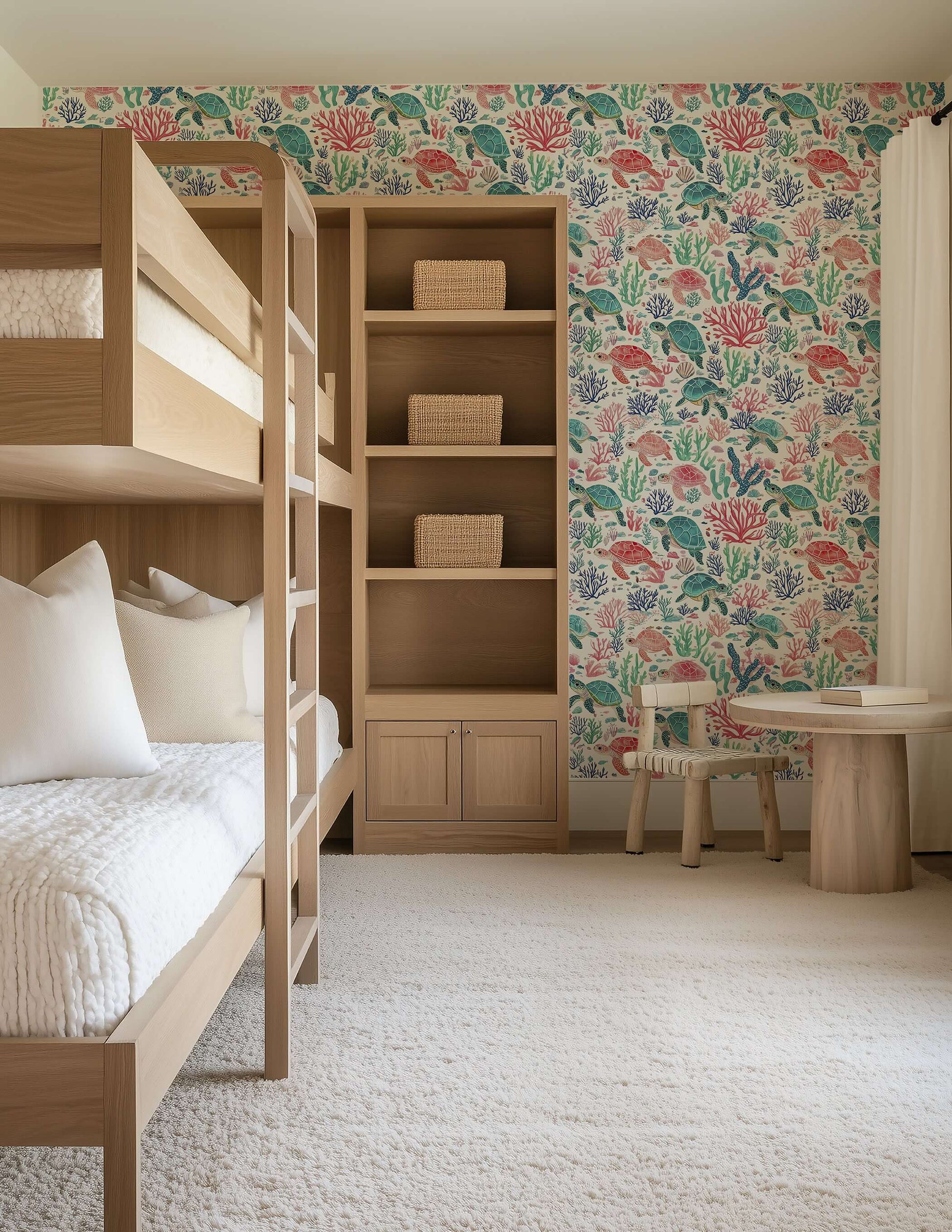 Children's room with Turtle Reef wallpaper, featuring vibrant coral and sea turtle designs, ideal for ocean-themed decorations.