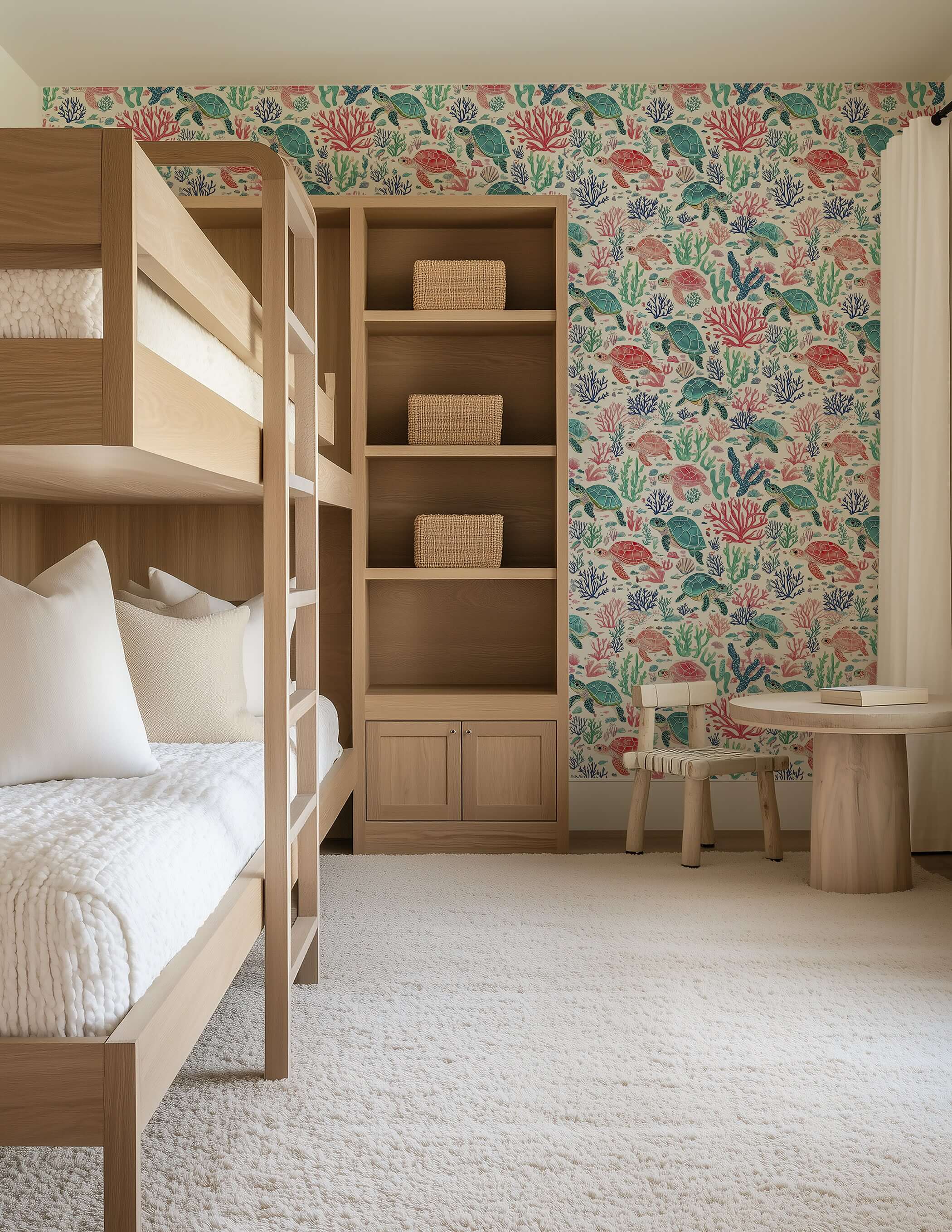 Children's room with Turtle Reef wallpaper, featuring vibrant coral and sea turtle designs, ideal for ocean-themed decorations.
