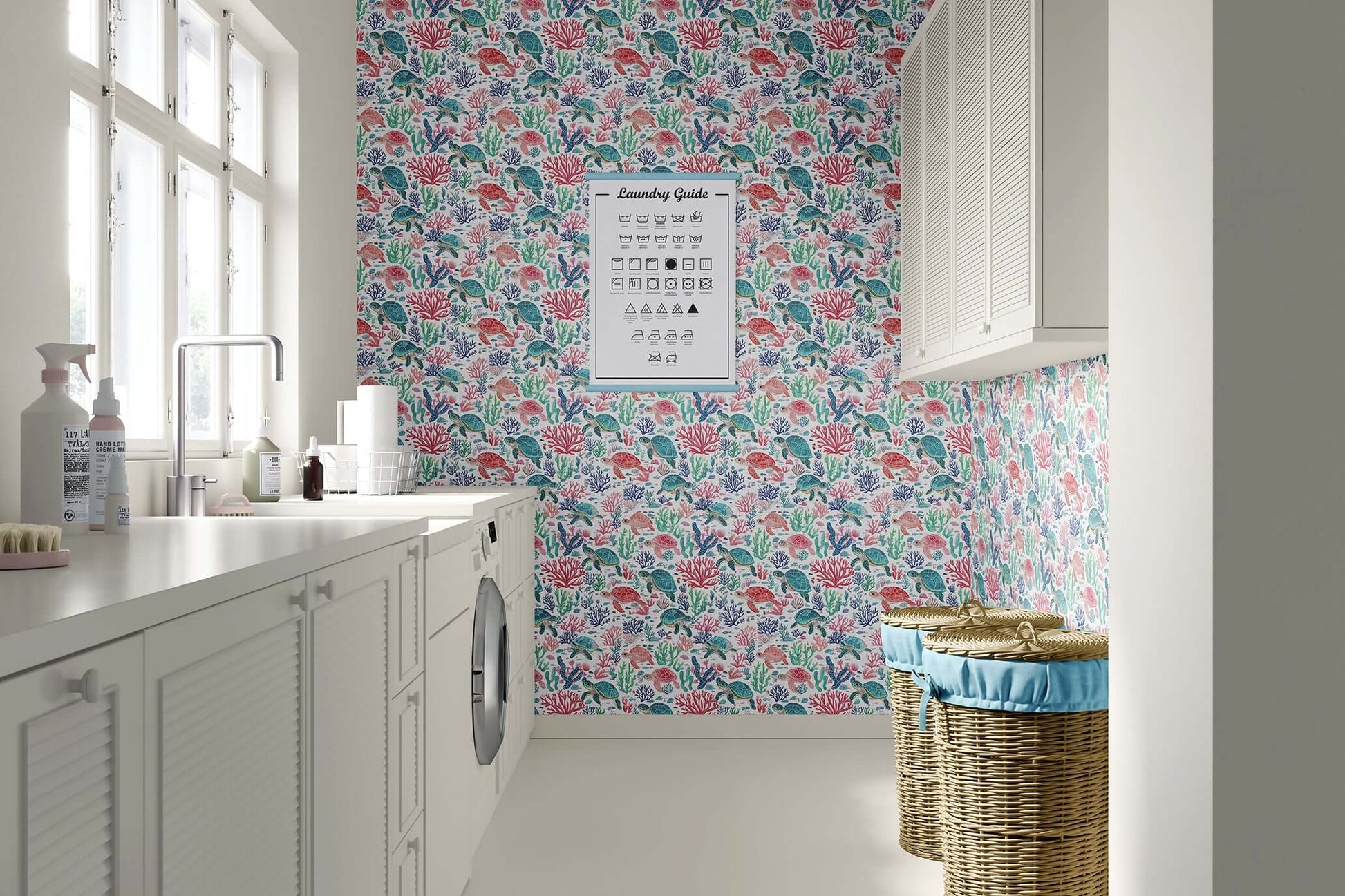 Bright laundry room with 'Turtle Reef' wallpaper featuring sea turtles, coral, and ocean plants ideal for playrooms and nurseries.