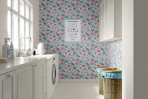 Bright laundry room with 'Turtle Reef' wallpaper featuring sea turtles, coral, and ocean plants ideal for playrooms and nurseries.