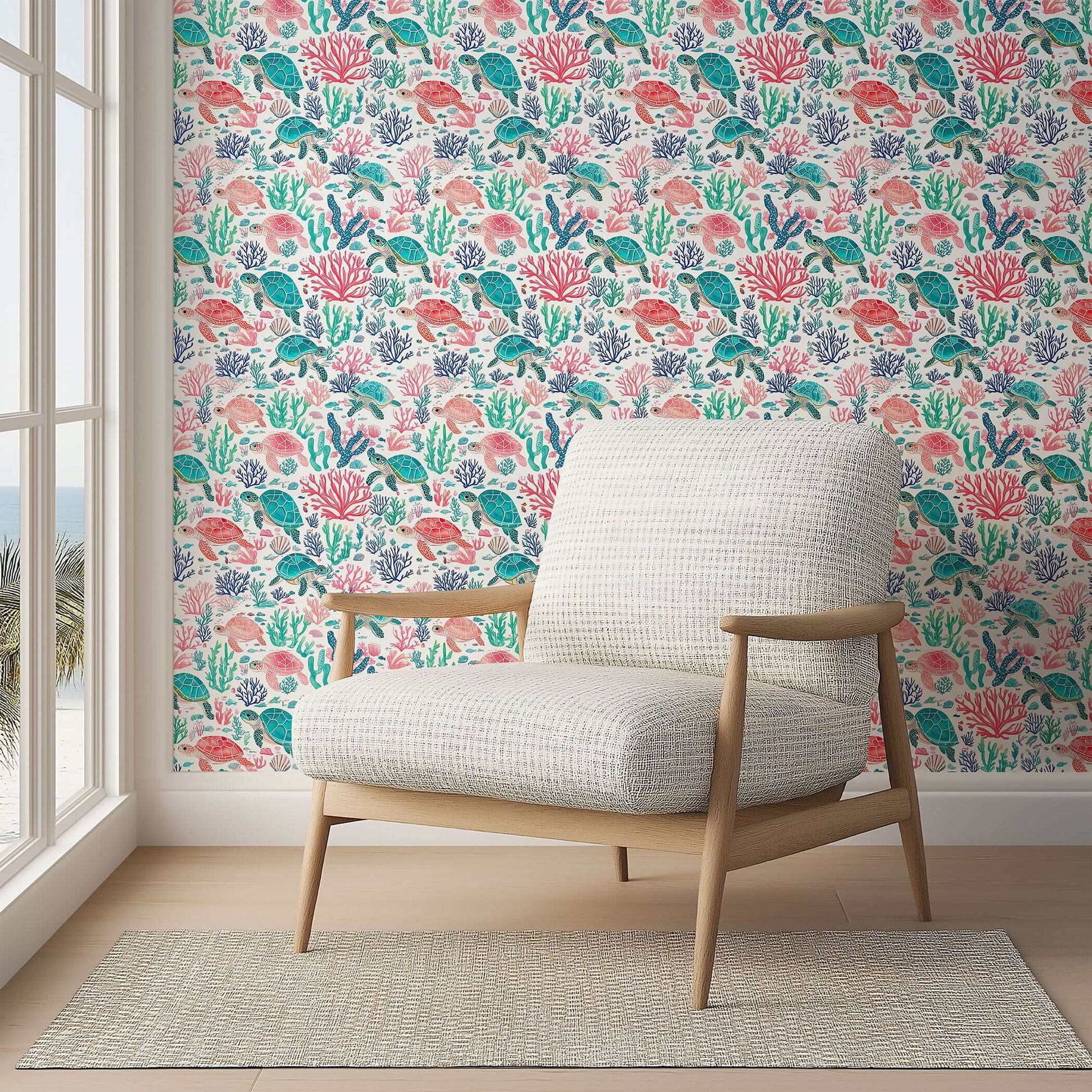 Turtle Reef Wallpaper with sea turtles and coral, perfect for ocean-themed children's rooms, bringing vibrant marine life indoors.