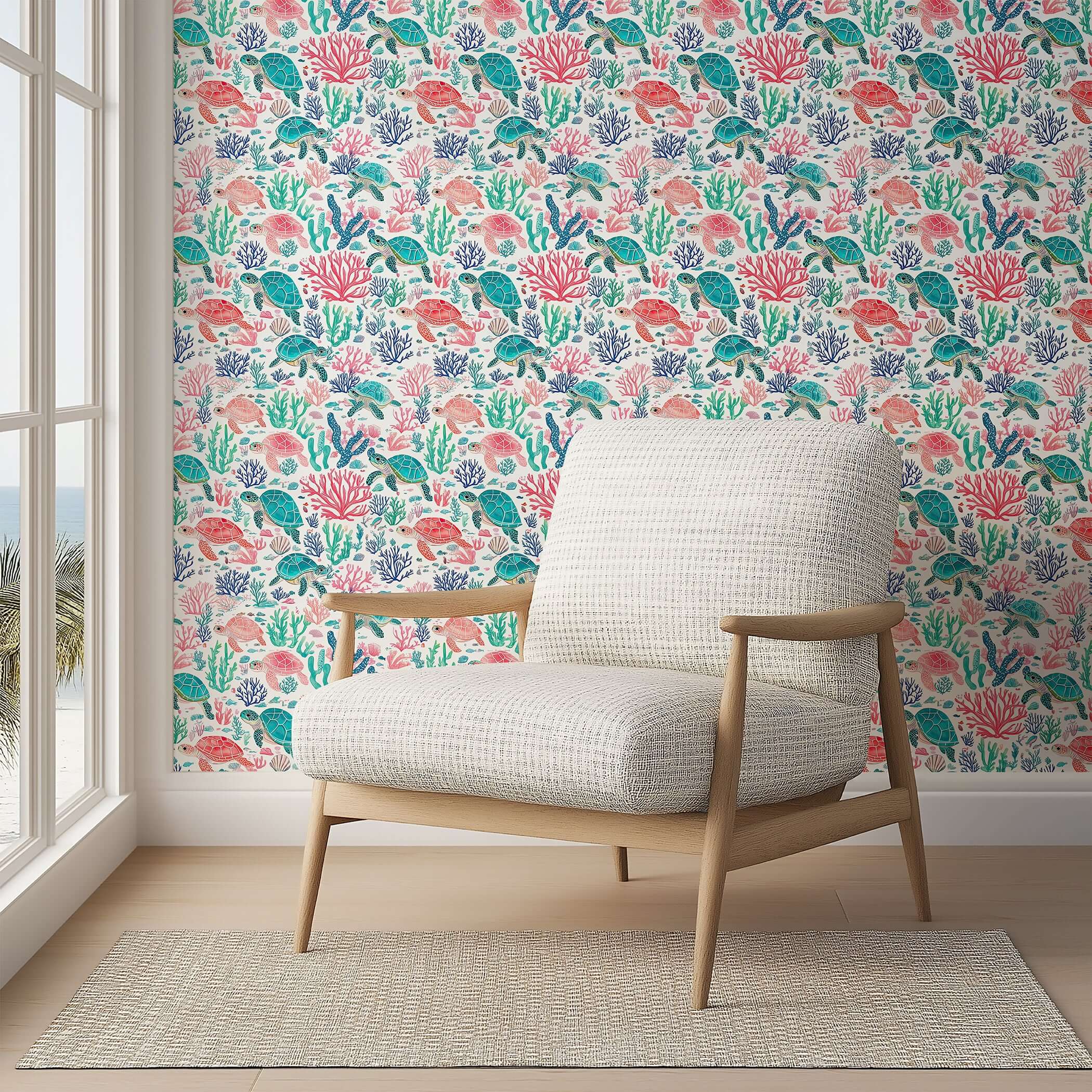 Turtle Reef Wallpaper with sea turtles and coral, perfect for ocean-themed children's rooms, bringing vibrant marine life indoors.