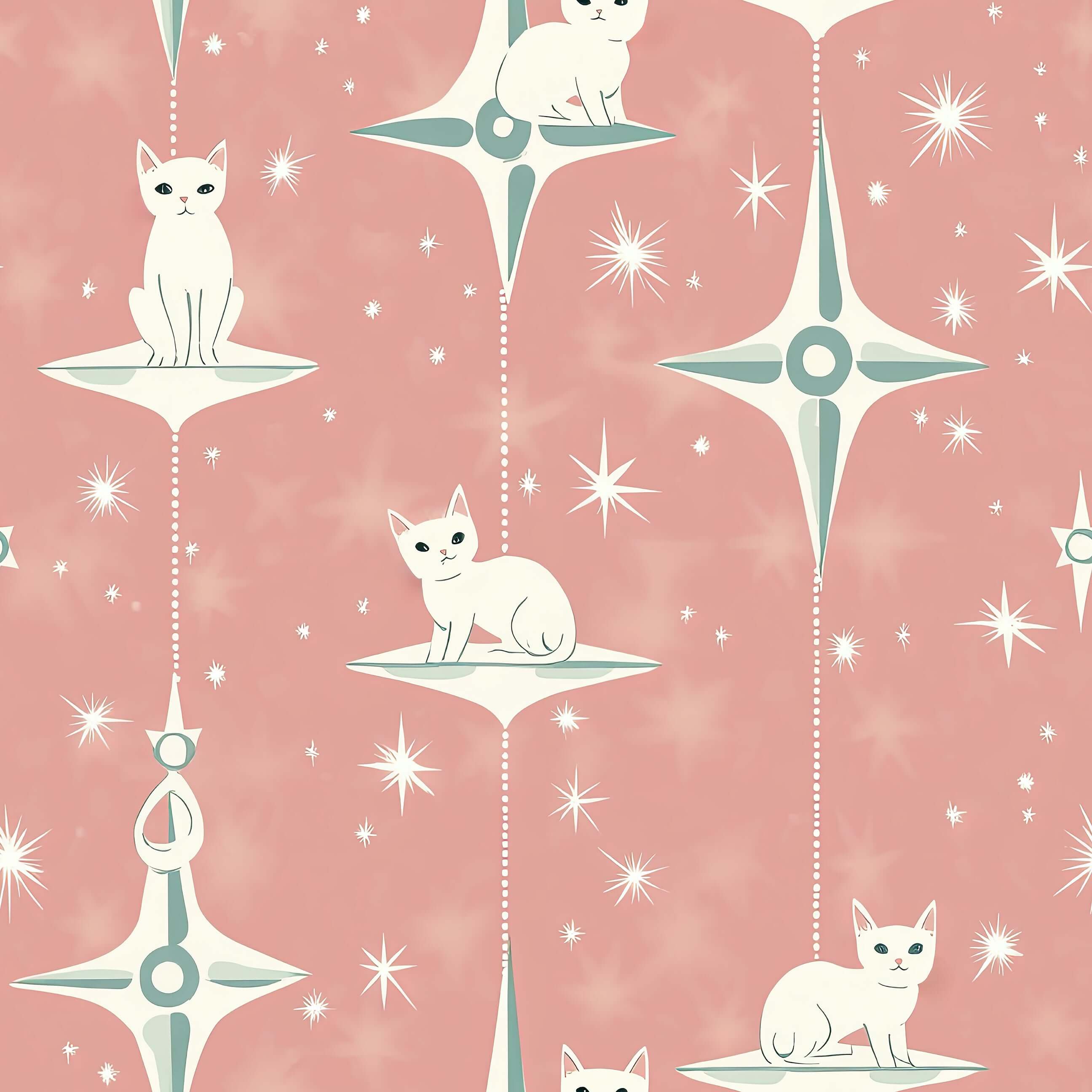 Retro-inspired wallpaper featuring white cats, starbursts, and atomic ornaments. Ideal for nurseries and creative spaces with mid-century design.