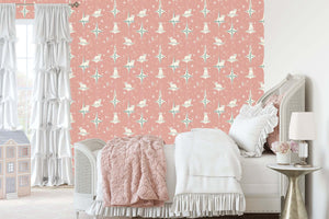 Retro wallpaper with white cats on starbursts in a nursery setting, perfect for children's playrooms. Mid-century modern style.