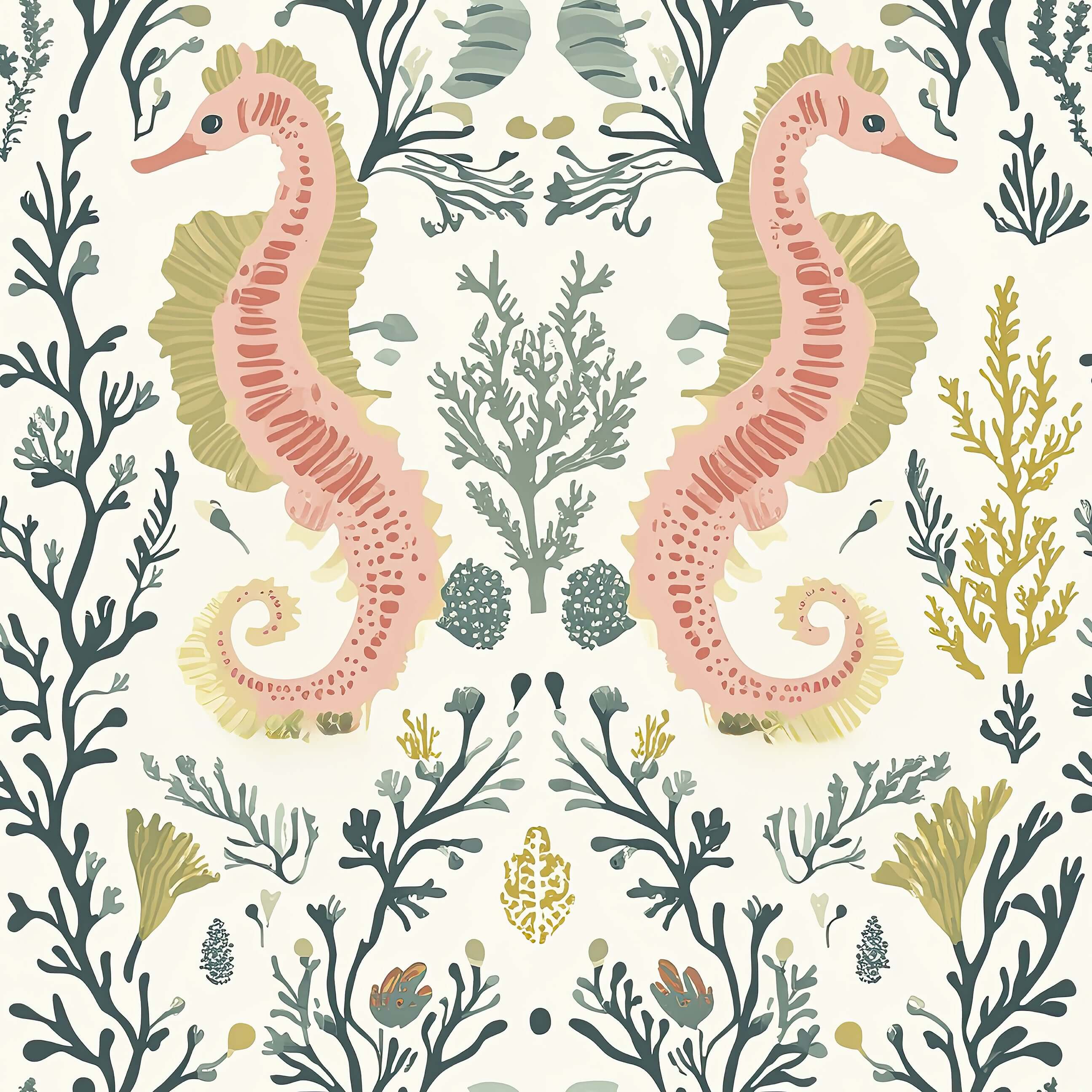 Tidal Bloom Wallpaper featuring seahorses and seaweed in damask coastal design with soft pink, sage, and golden hues.