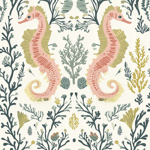 Tidal Bloom Wallpaper featuring seahorses and seaweed in damask coastal design with soft pink, sage, and golden hues.