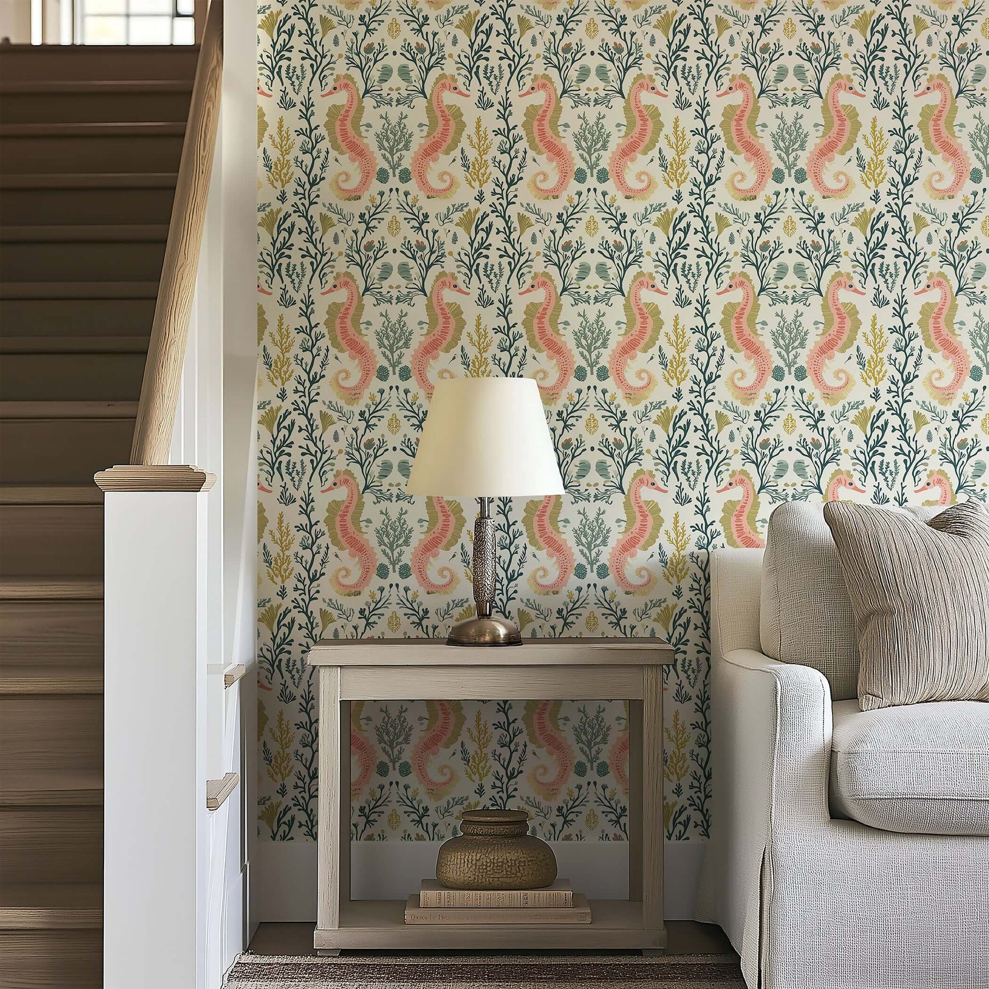 Tidal Bloom wallpaper with seahorses, seaweed, and damask pattern in soft pink, sage, and golden hues, creating coastal elegance.