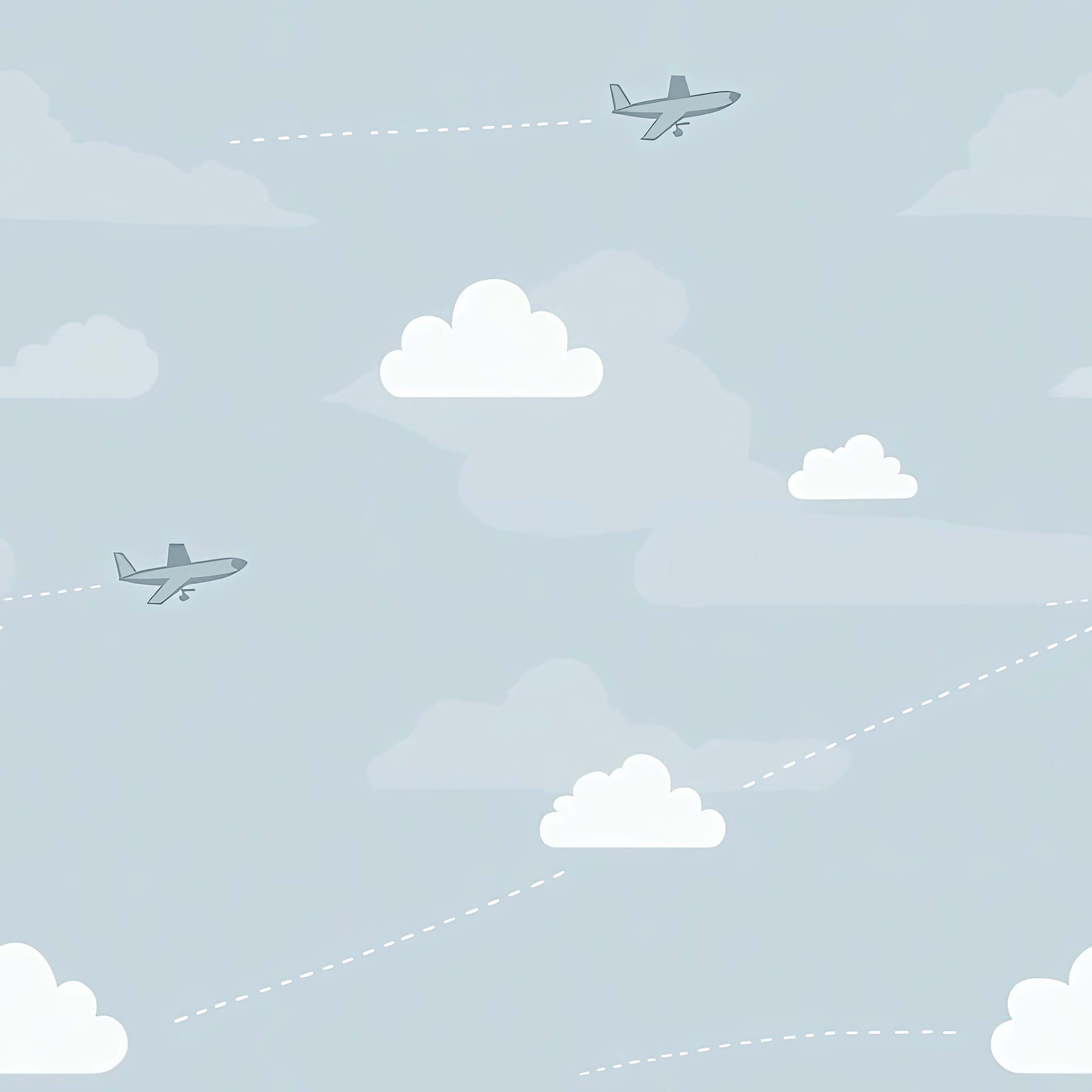 Light blue nursery wallpaper with airplanes flying among clouds, ideal for children’s rooms or playroom décor, evokes freedom and imagination.