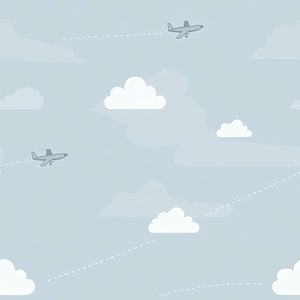 Light blue nursery wallpaper with airplanes flying among clouds, ideal for children’s rooms or playroom décor, evokes freedom and imagination.