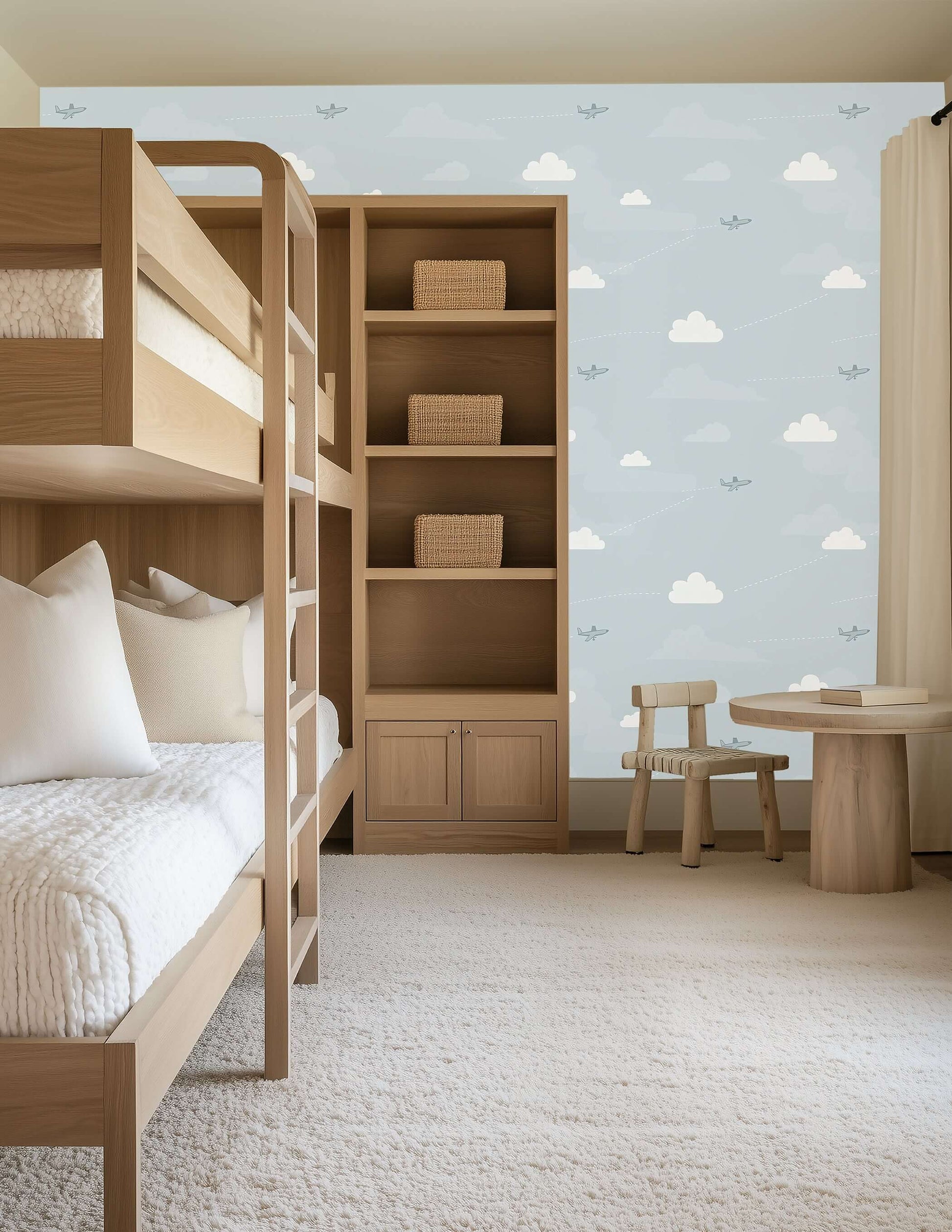 Children's playroom featuring Flying High wallpaper with airplanes, sky, and clouds, creating a dreamy adventure atmosphere.