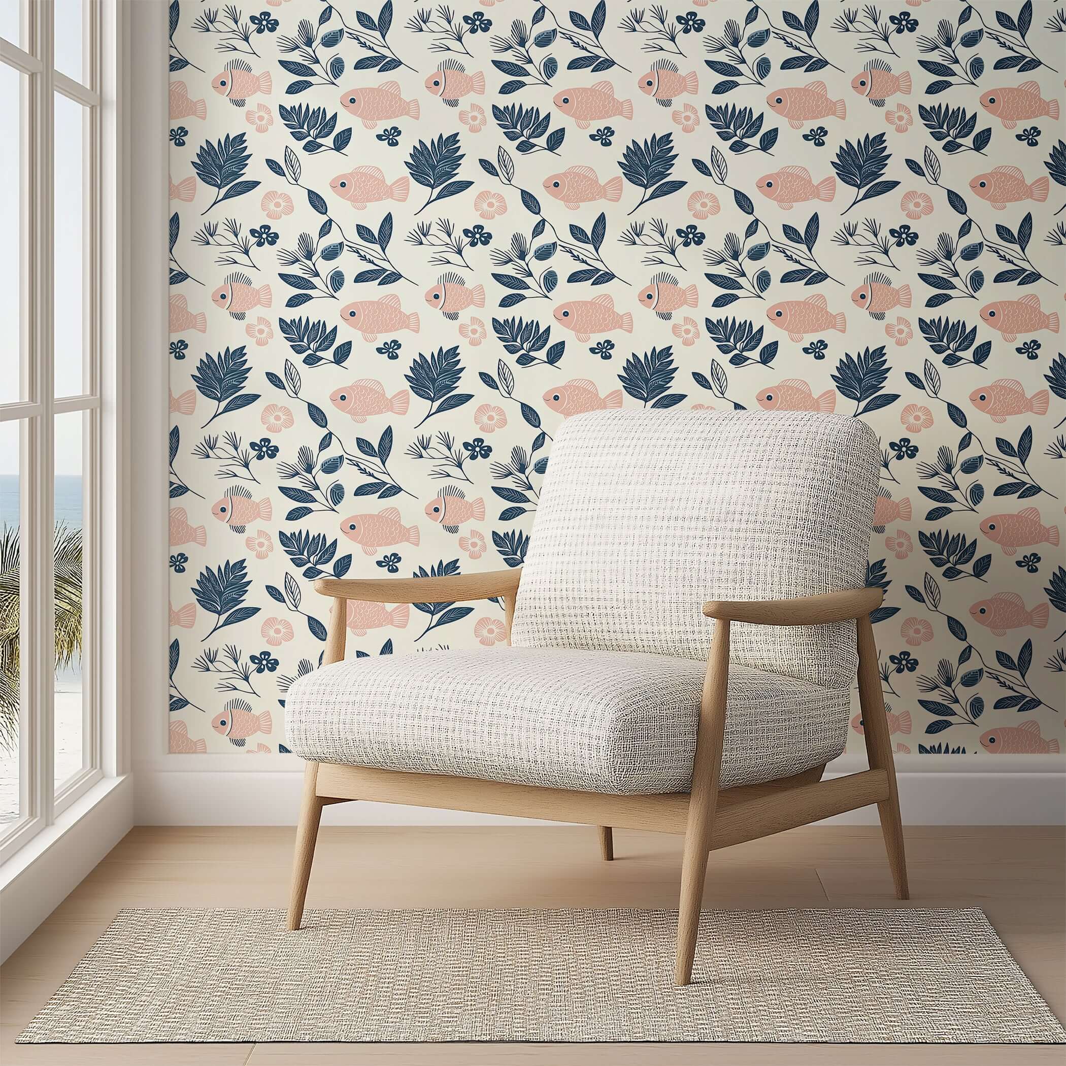 Fishy Florals wallpaper featuring blush fish and navy foliage, perfect for coastal-themed rooms like powder rooms or kitchens.