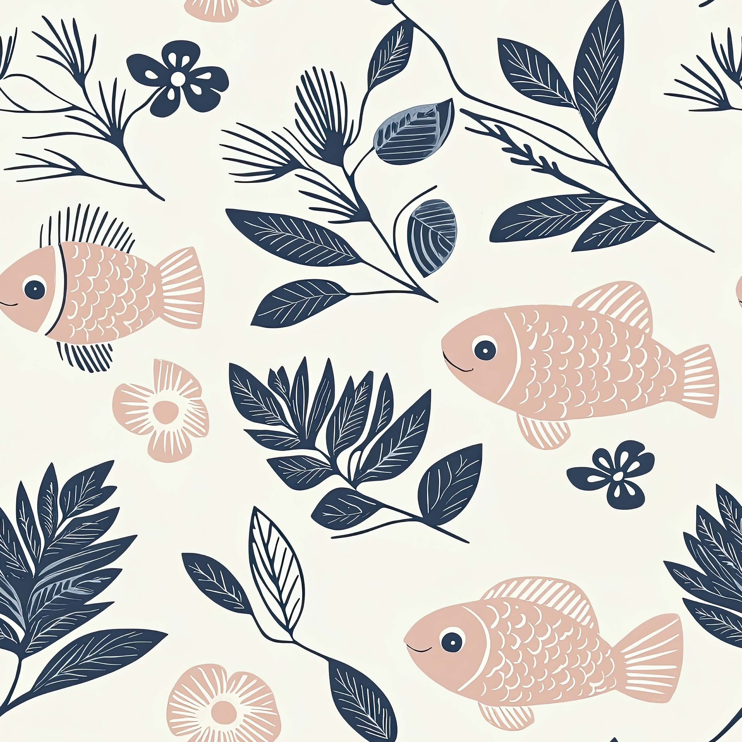 Fishy Florals Wallpaper with blush fish and navy foliage, blending coastal and botanical designs for a unique home décor.