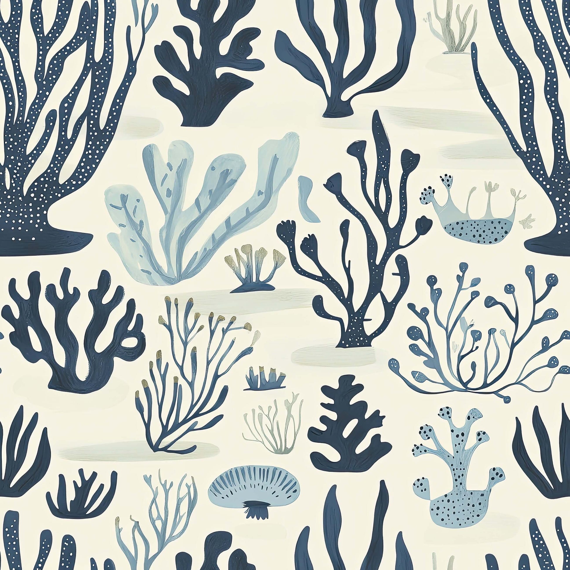 Decorative Seaweed Symphony wallpaper with navy and seafoam hand-drawn seaweed patterns, perfect for a coastal-themed room.