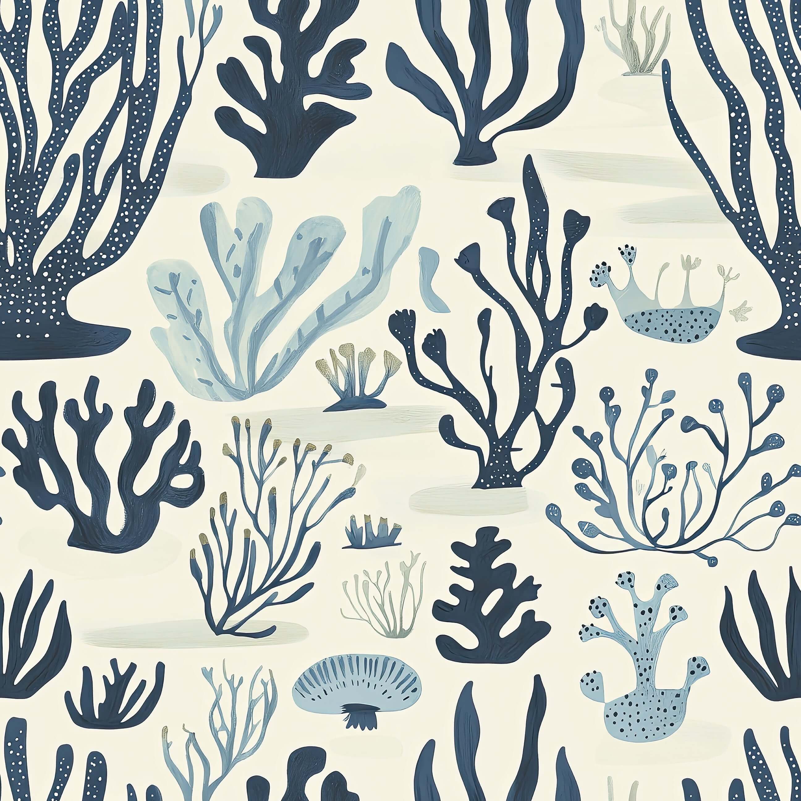 Decorative Seaweed Symphony wallpaper with navy and seafoam hand-drawn seaweed patterns, perfect for a coastal-themed room.