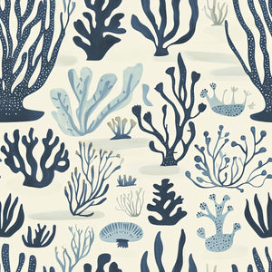 Decorative Seaweed Symphony wallpaper with navy and seafoam hand-drawn seaweed patterns, perfect for a coastal-themed room.