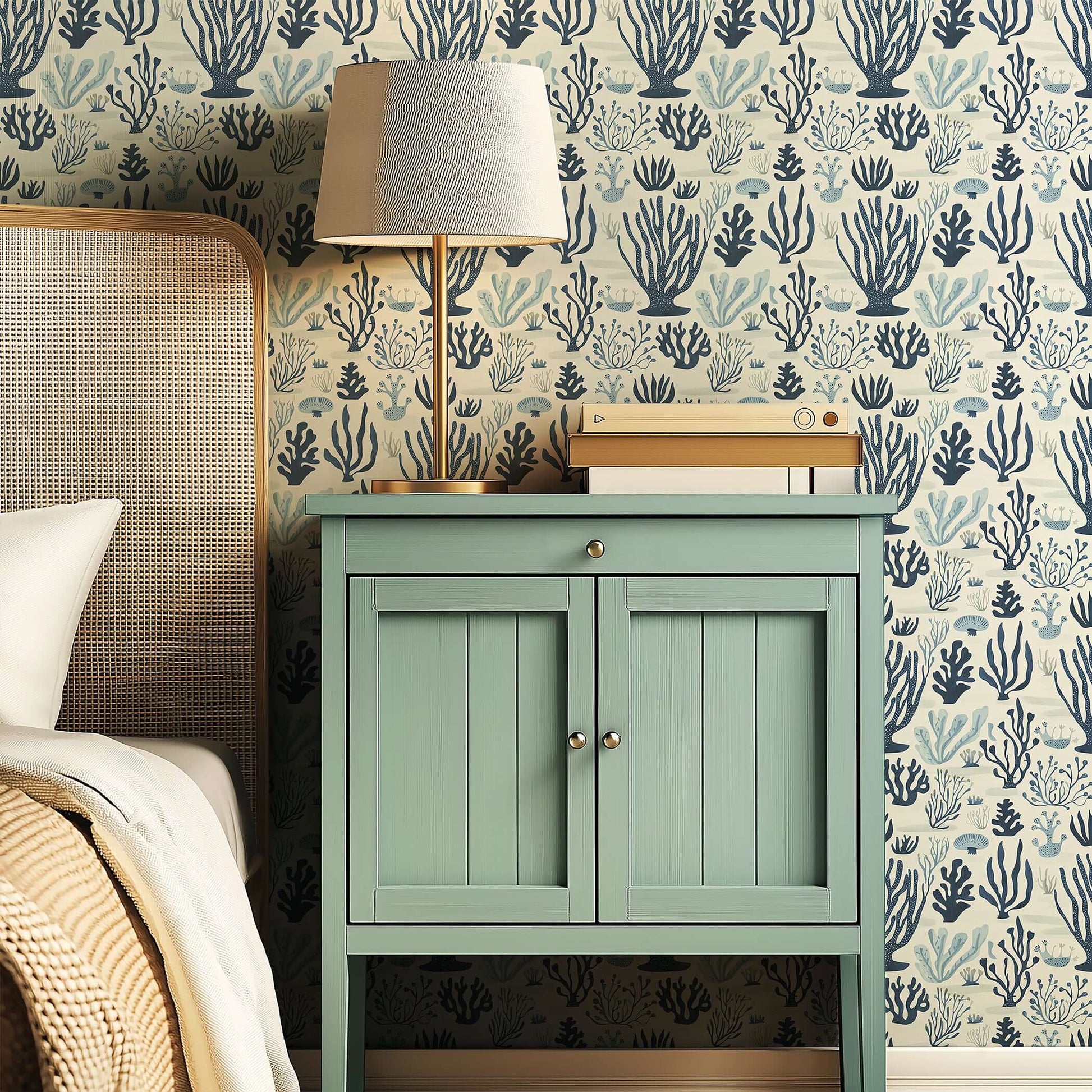 Navy and seafoam seaweed pattern wallpaper in a cozy bedroom setting, enhancing coastal and maritime decor with organic elegance.