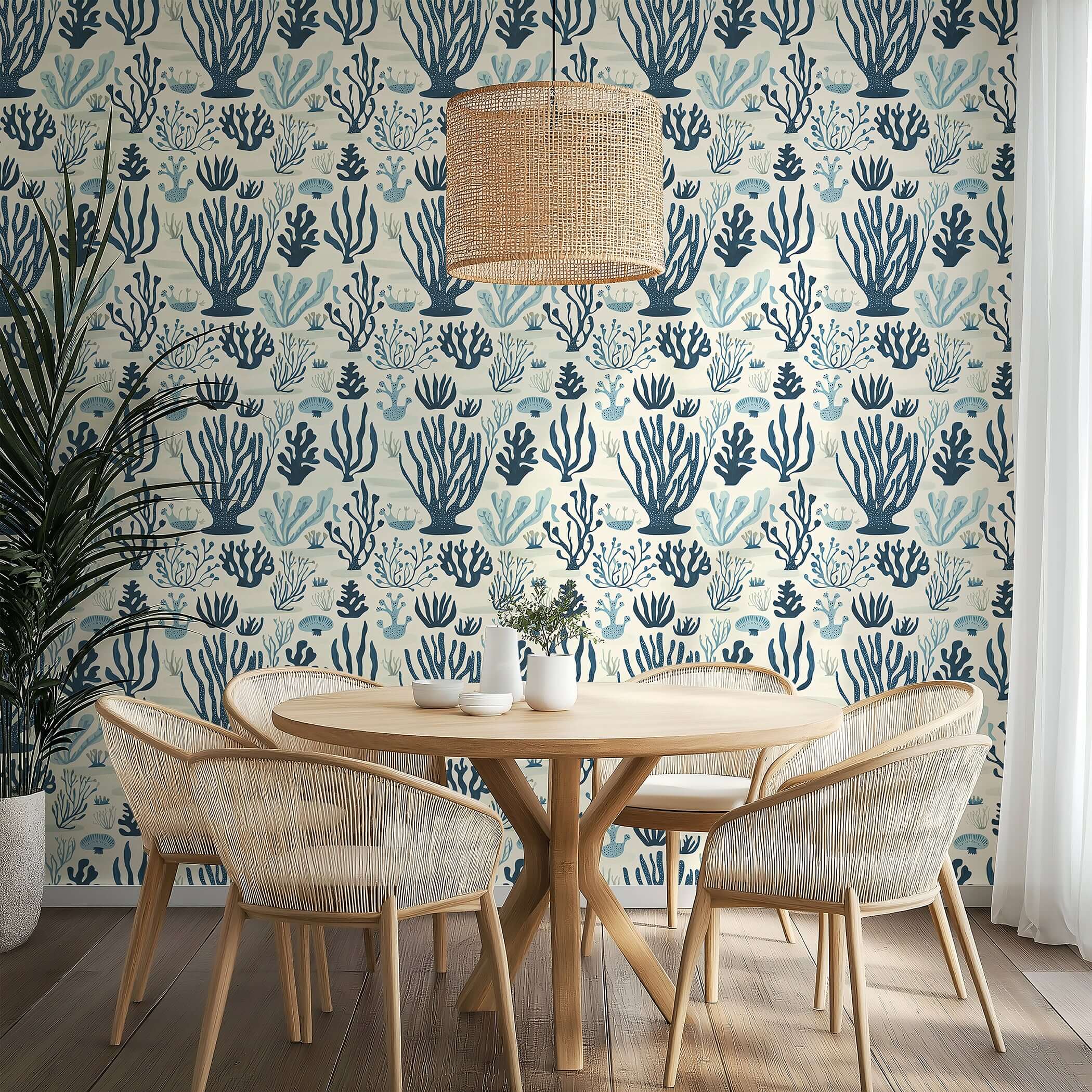 "Seaweed Symphony" wallpaper featuring navy and seafoam seaweed patterns, adding coastal elegance to a dining area.