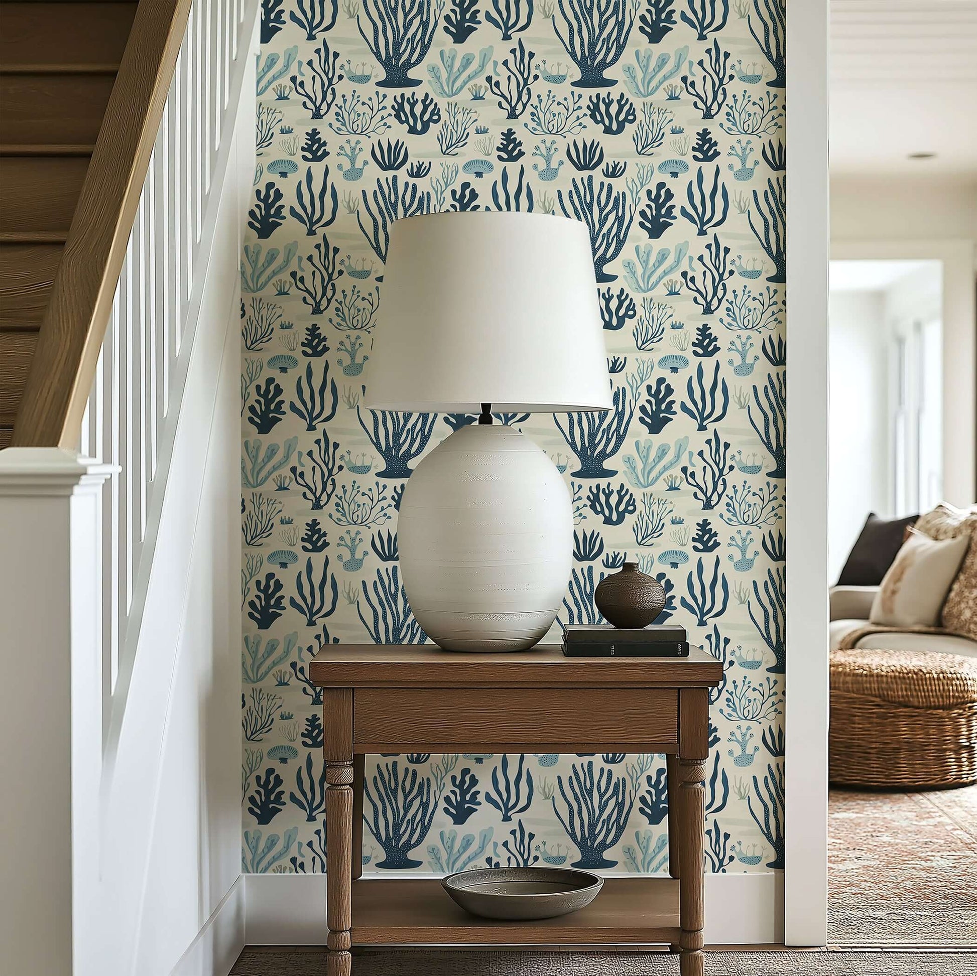 "Seaweed Symphony" Wallpaper in coastal theme, showcasing navy and seafoam seaweed patterns, enhancing maritime elegance."