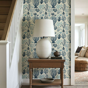 "Seaweed Symphony" Wallpaper in coastal theme, showcasing navy and seafoam seaweed patterns, enhancing maritime elegance."