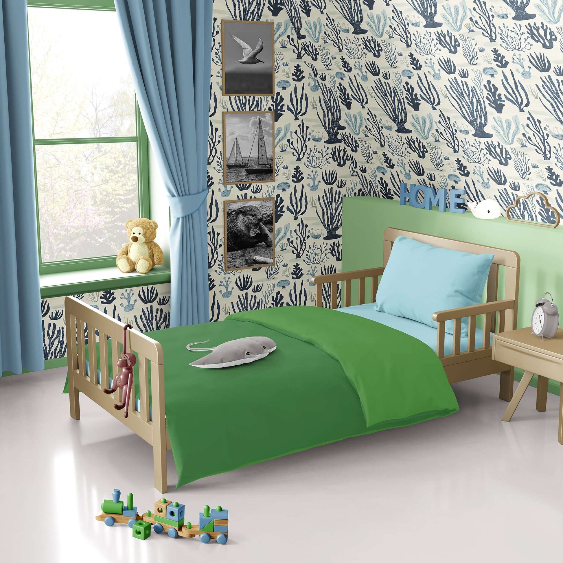 Coastal bedroom with Seaweed Symphony wallpaper, featuring hand-drawn ocean and seaweed patterns, enhancing maritime ambiance.