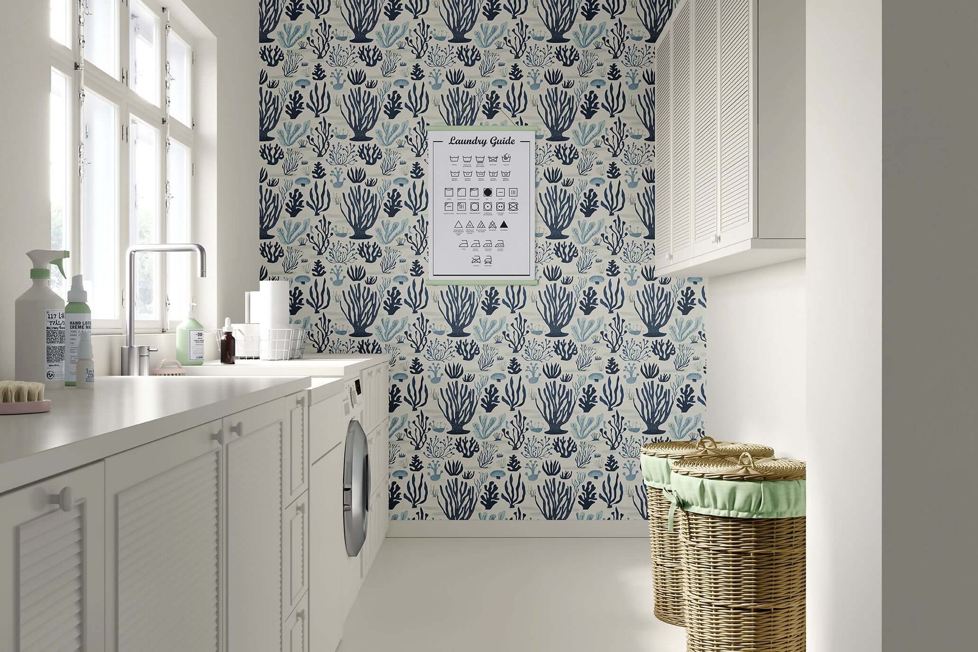 Laundry room with coastal wallpaper featuring navy and seafoam seaweed patterns, creating a serene maritime ambiance.