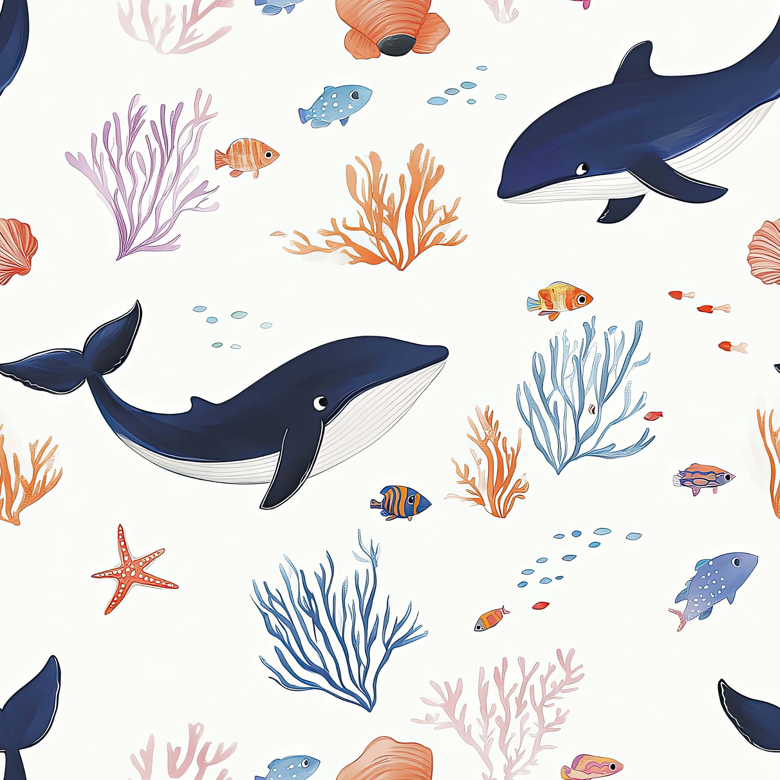 Whale of a Time wallpaper featuring playful whales, colorful fish, and coral in a charming ocean scene. Perfect for coastal wallpaper lovers.