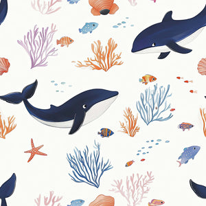 Whale of a Time wallpaper featuring playful whales, colorful fish, and coral in a charming ocean scene. Perfect for coastal wallpaper lovers.