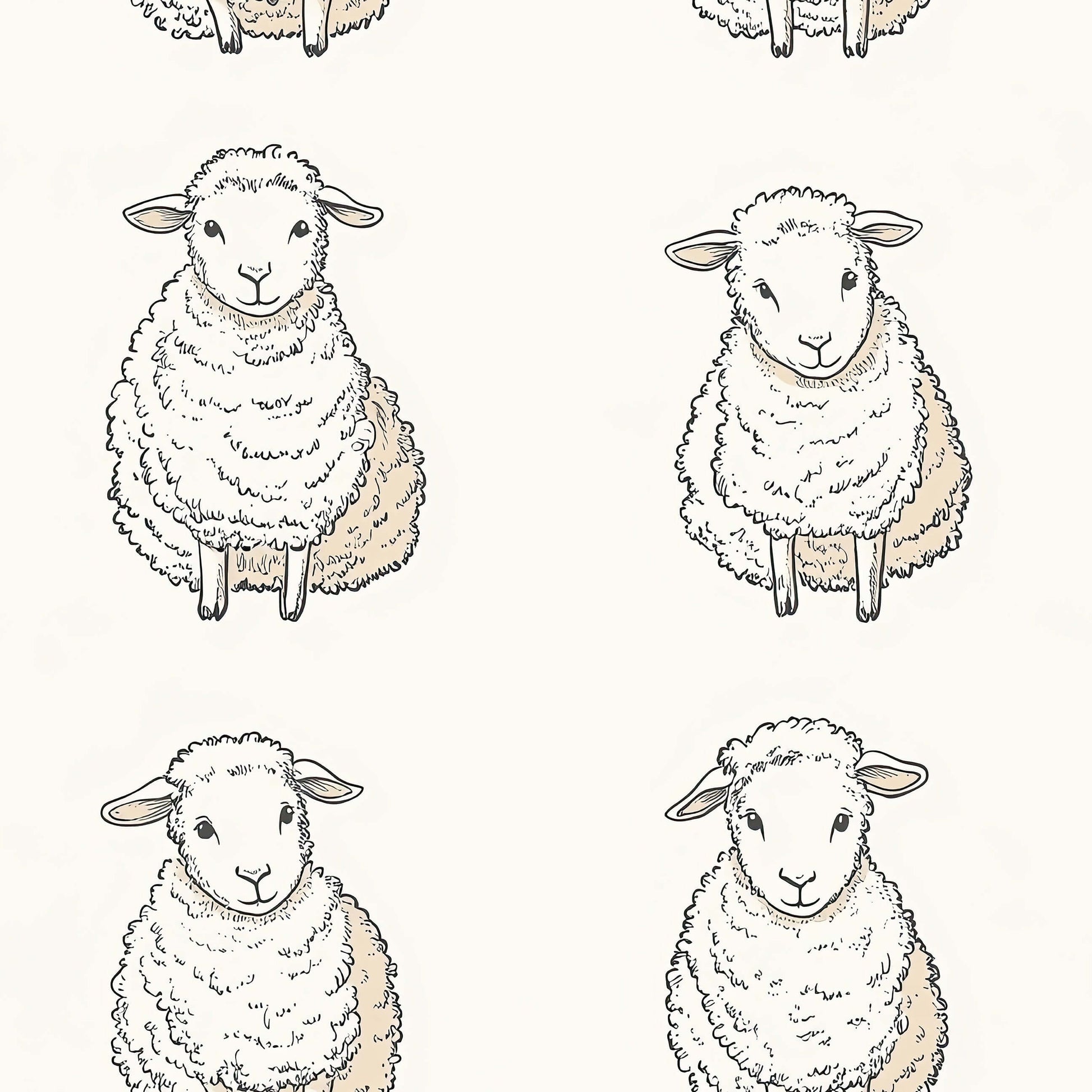 Lullaby Lambs wallpaper featuring hand-drawn fluffy lambs on a cream backdrop, perfect for children's nursery or playroom.