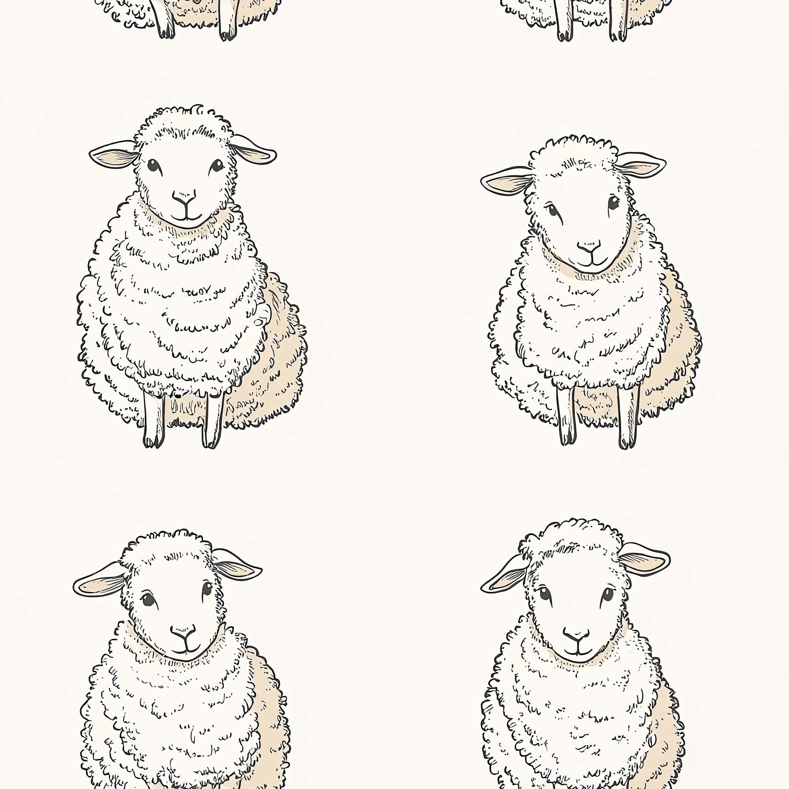 Lullaby Lambs wallpaper featuring hand-drawn fluffy lambs on a cream backdrop, perfect for children's nursery or playroom.