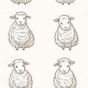 Lullaby Lambs wallpaper featuring hand-drawn fluffy lambs on a cream backdrop, perfect for children's nursery or playroom.