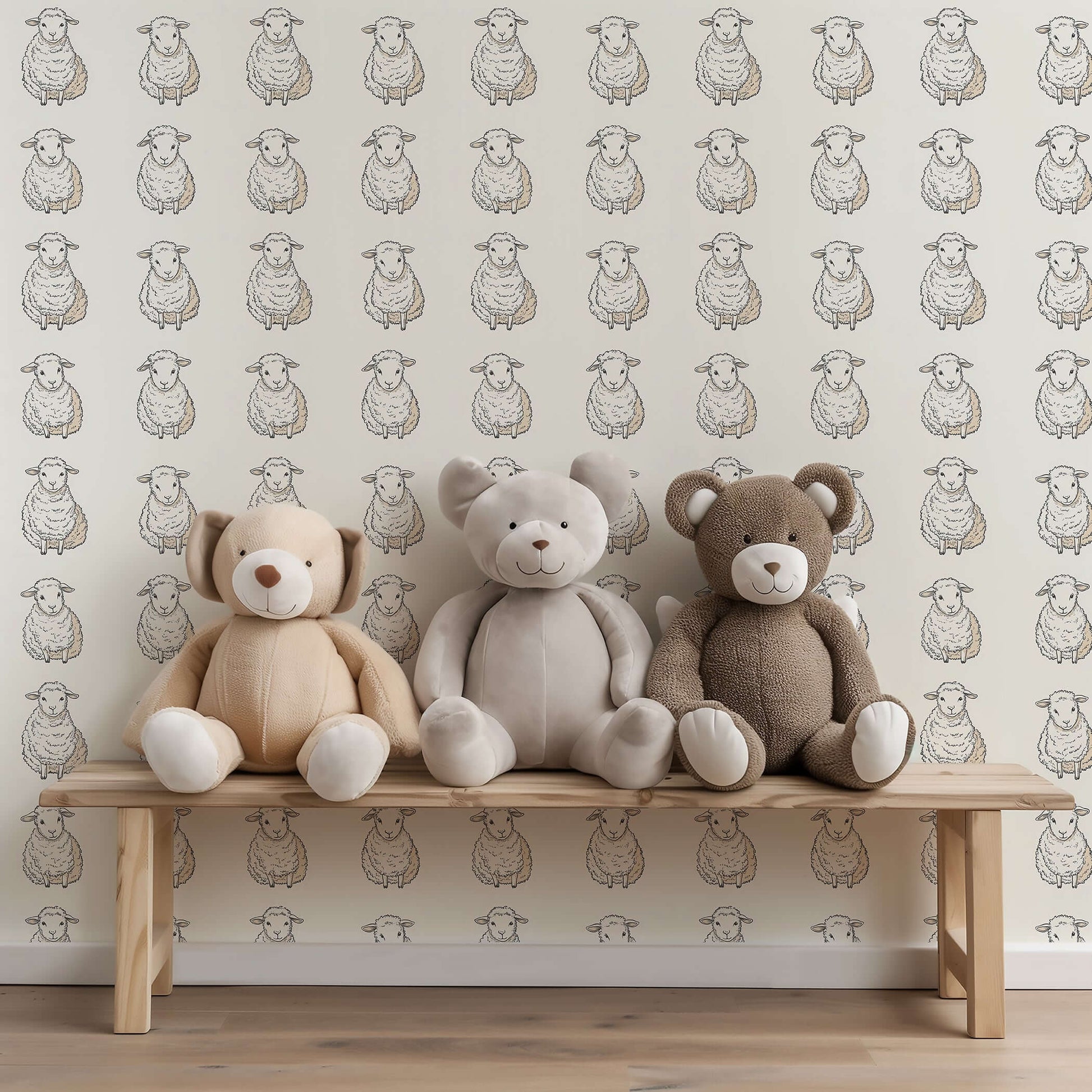 Lullaby Lambs wallpaper in nursery with teddy bears, perfect for children's playroom.
