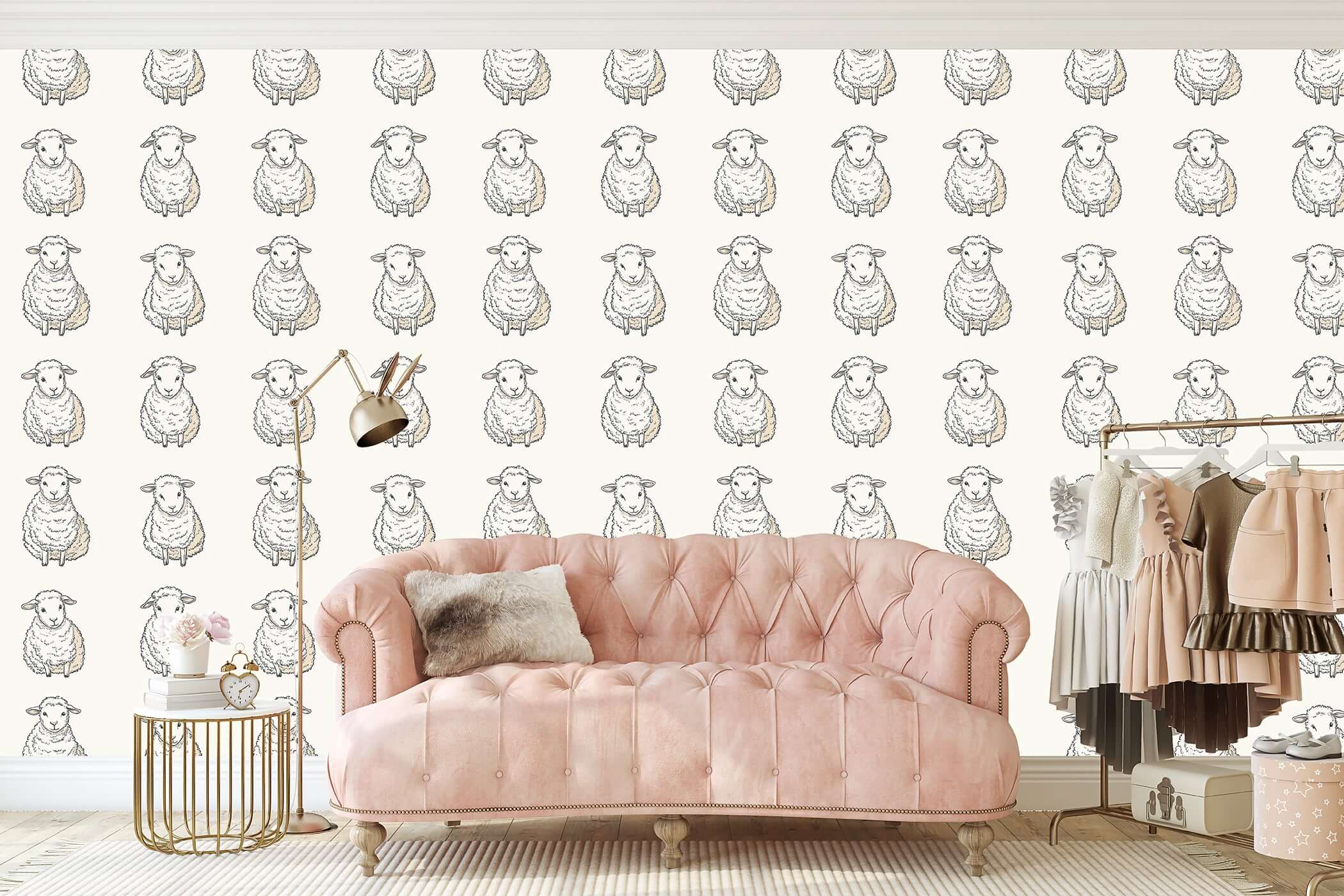 Lullaby Lambs wallpaper with hand-drawn sheep on cream background, perfect for nursery or playroom decor.