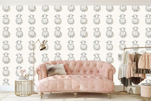 Lullaby Lambs wallpaper with hand-drawn sheep on cream background, perfect for nursery or playroom decor.