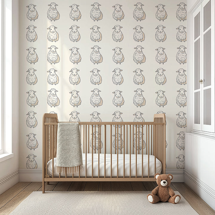 Lullaby Lambs wallpaper in nursery with fluffy sheep pattern, perfect for children’s rooms or playrooms, creating a cozy, calming space.