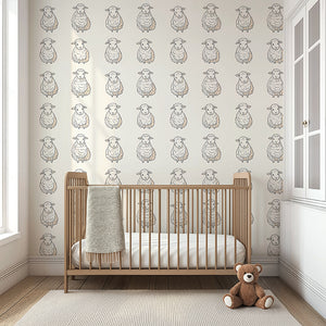 Lullaby Lambs wallpaper in nursery with fluffy sheep pattern, perfect for children’s rooms or playrooms, creating a cozy, calming space.