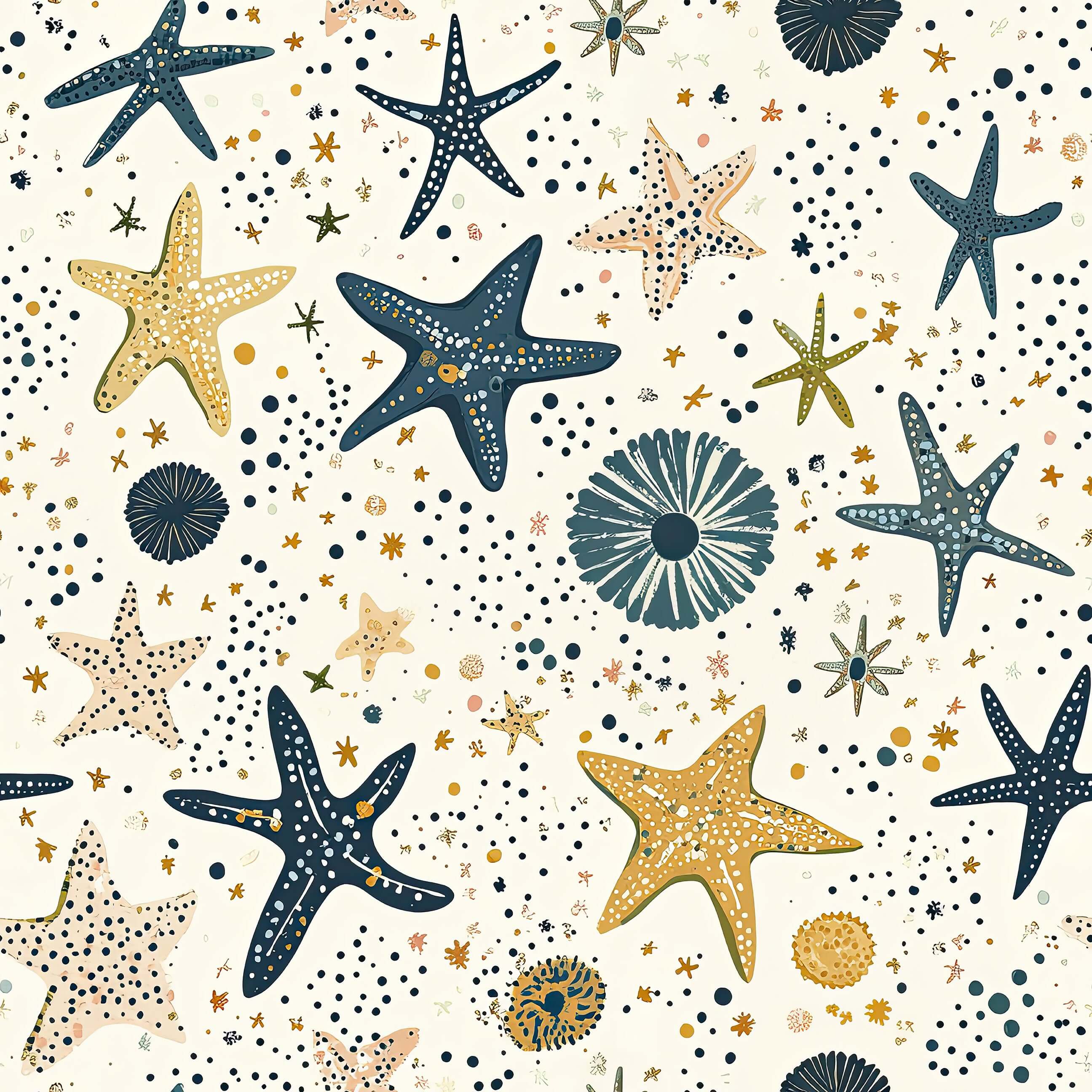Stellar Starfish Adventure Wallpaper with playful sea creatures, perfect for kids' nurseries and playrooms, navy and mustard colors.