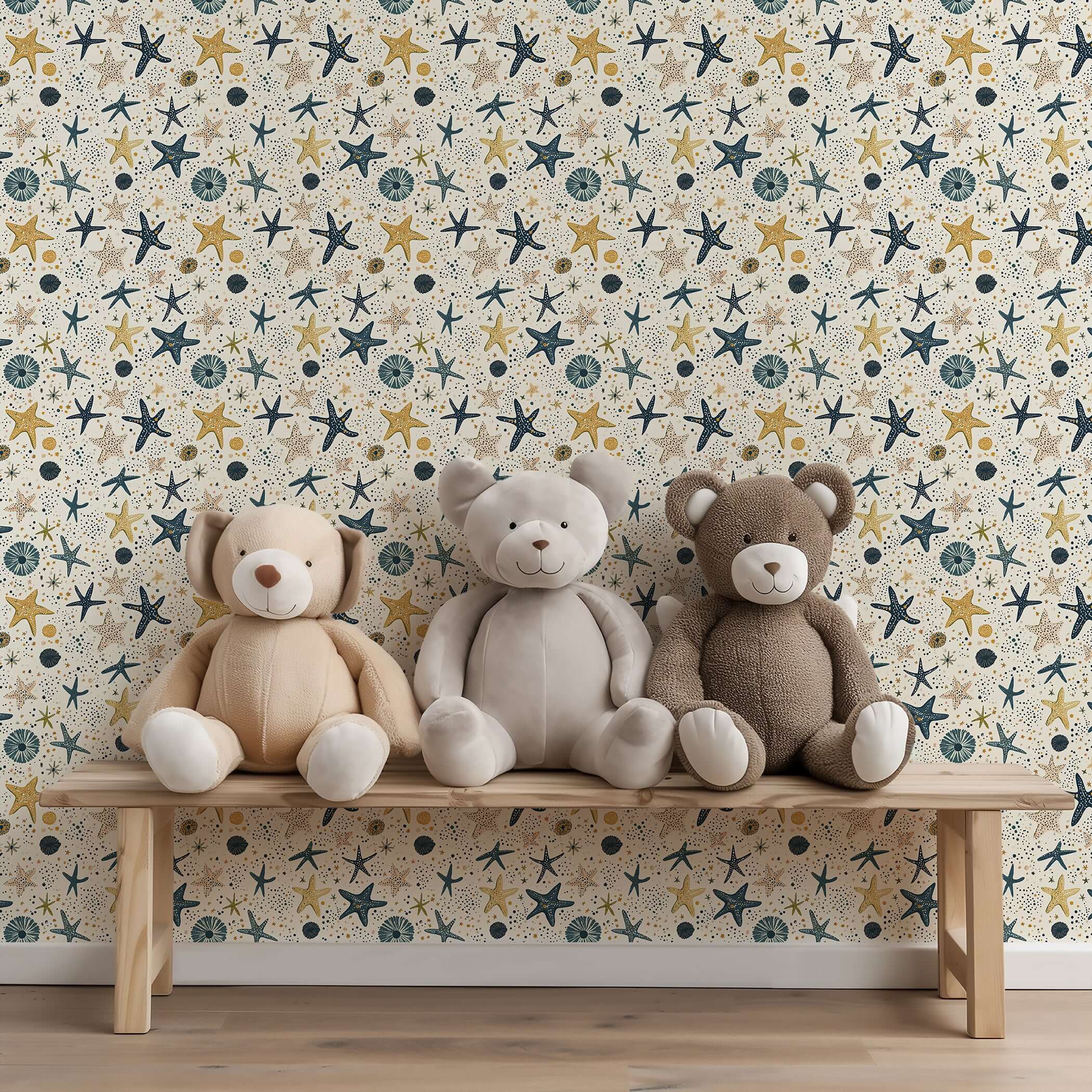 Stellar Starfish Adventure wallpaper with teddy bears, perfect for children's nursery or playroom decor.