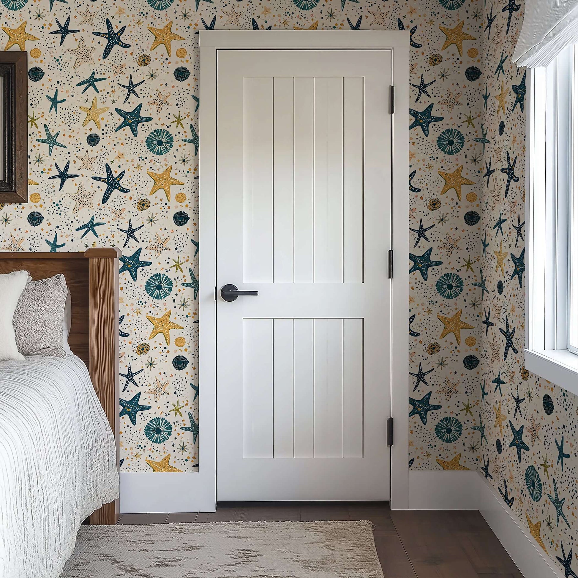 Stellar Starfish Adventure Wallpaper in a cozy room setting, featuring playful sea-themed designs perfect for children's nursery or playroom.
