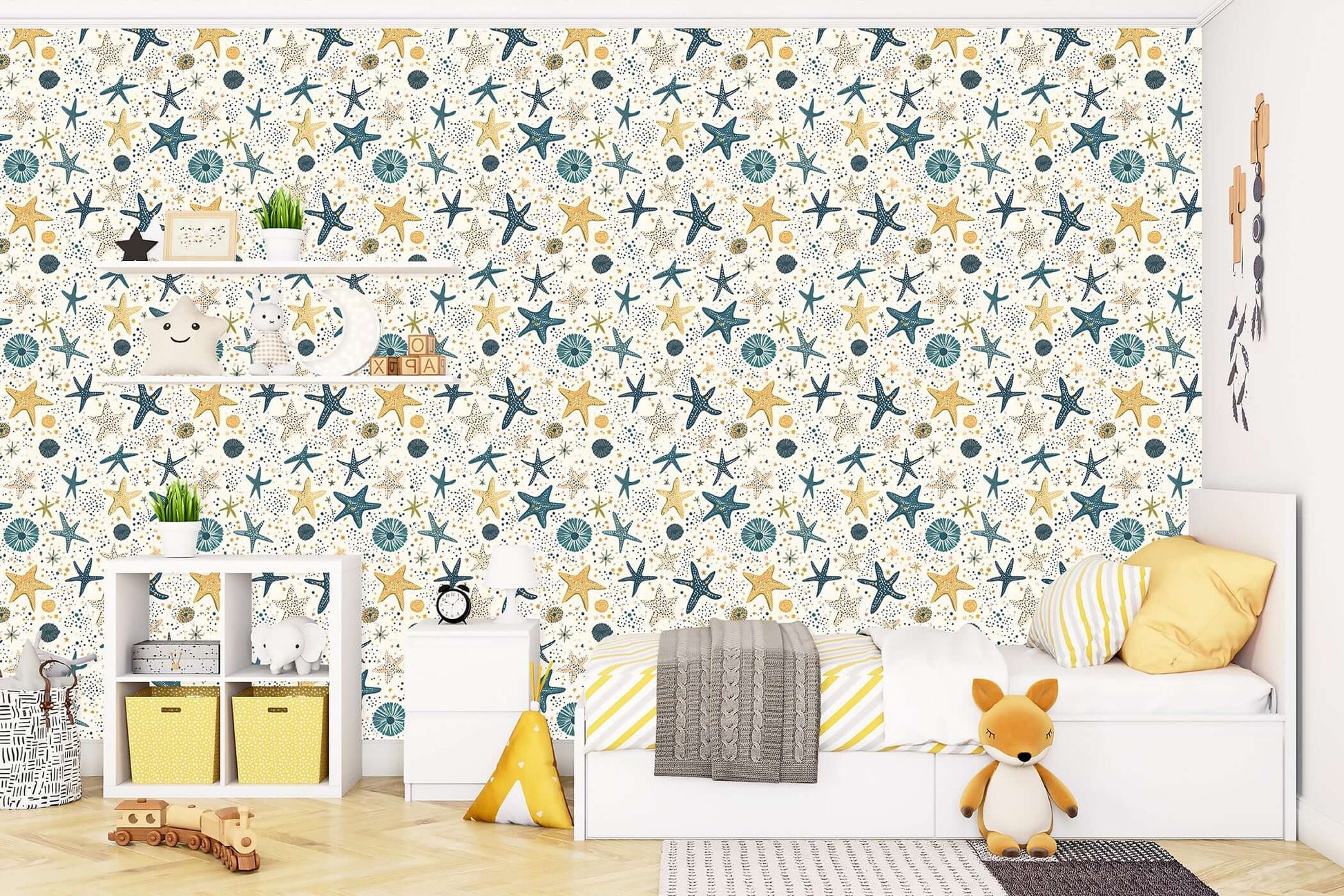 Ocean-themed nursery with Stellar Starfish Adventure wallpaper featuring starfish, sea anemones, and playful decor for kids.