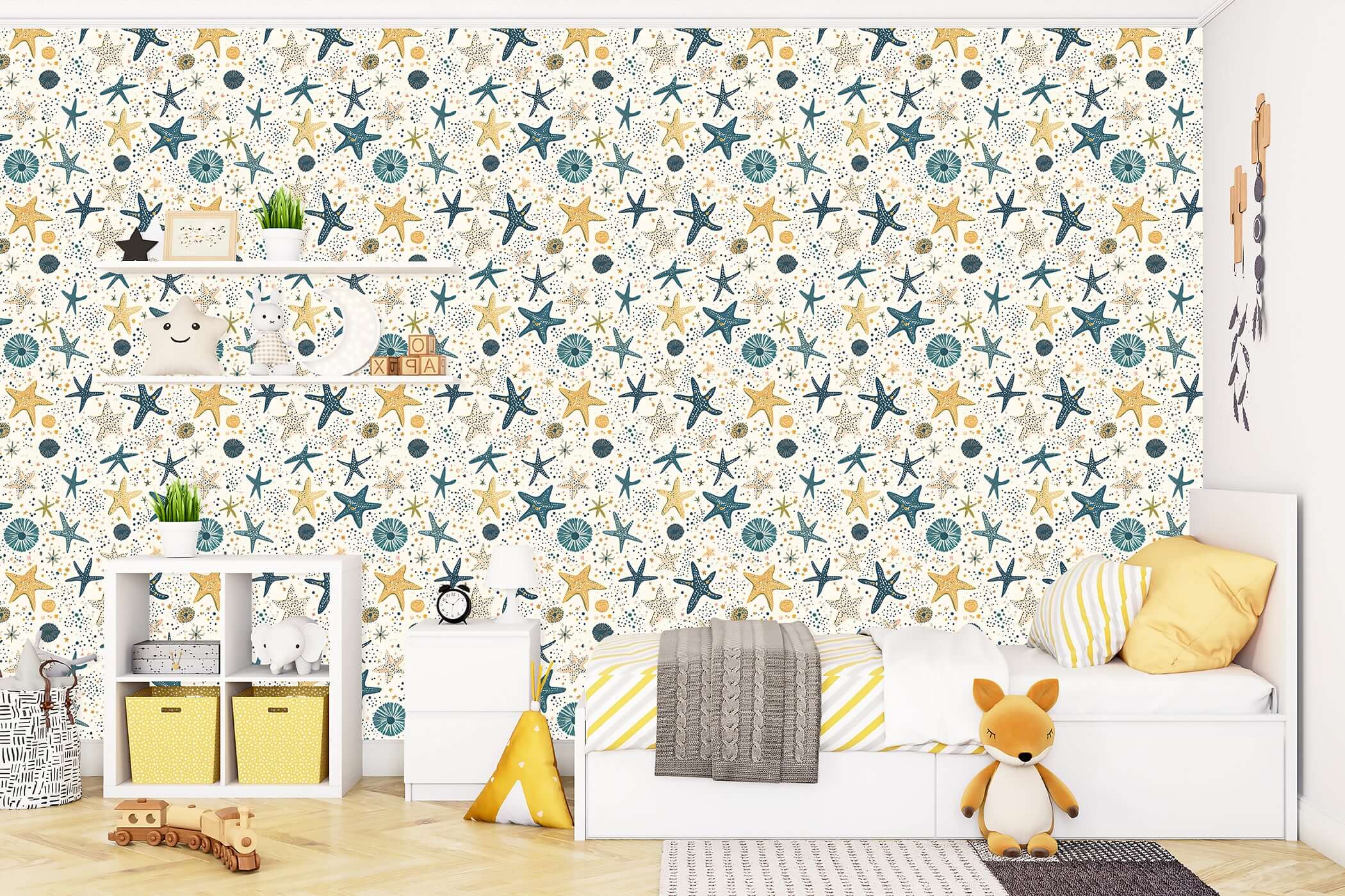 Ocean-themed nursery with Stellar Starfish Adventure wallpaper featuring starfish, sea anemones, and playful decor for kids.