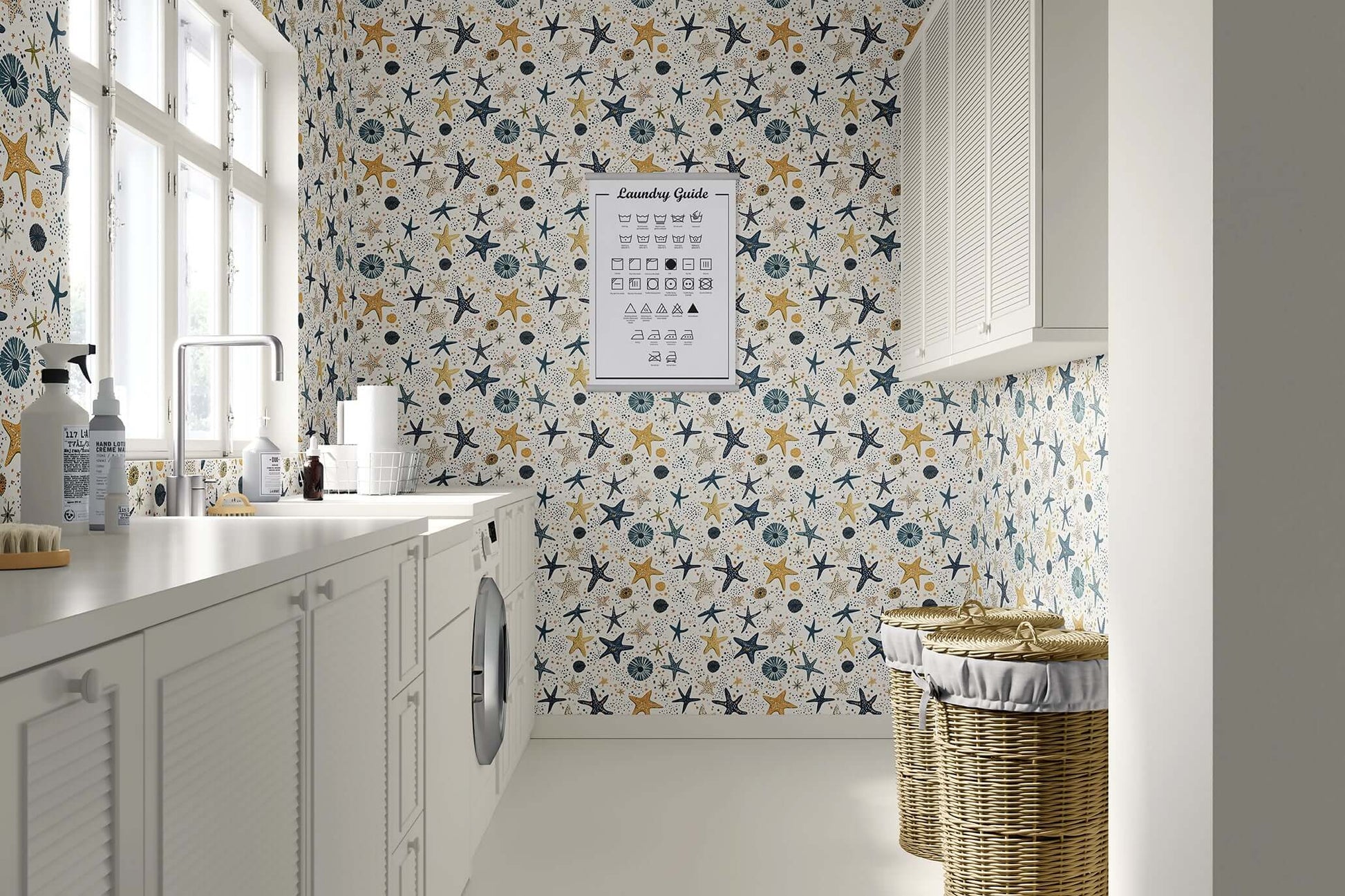 Stellar Starfish Adventure wallpaper in navy, mustard, sage, and coral colors, perfect for nurseries, playrooms, or ocean-themed decor.