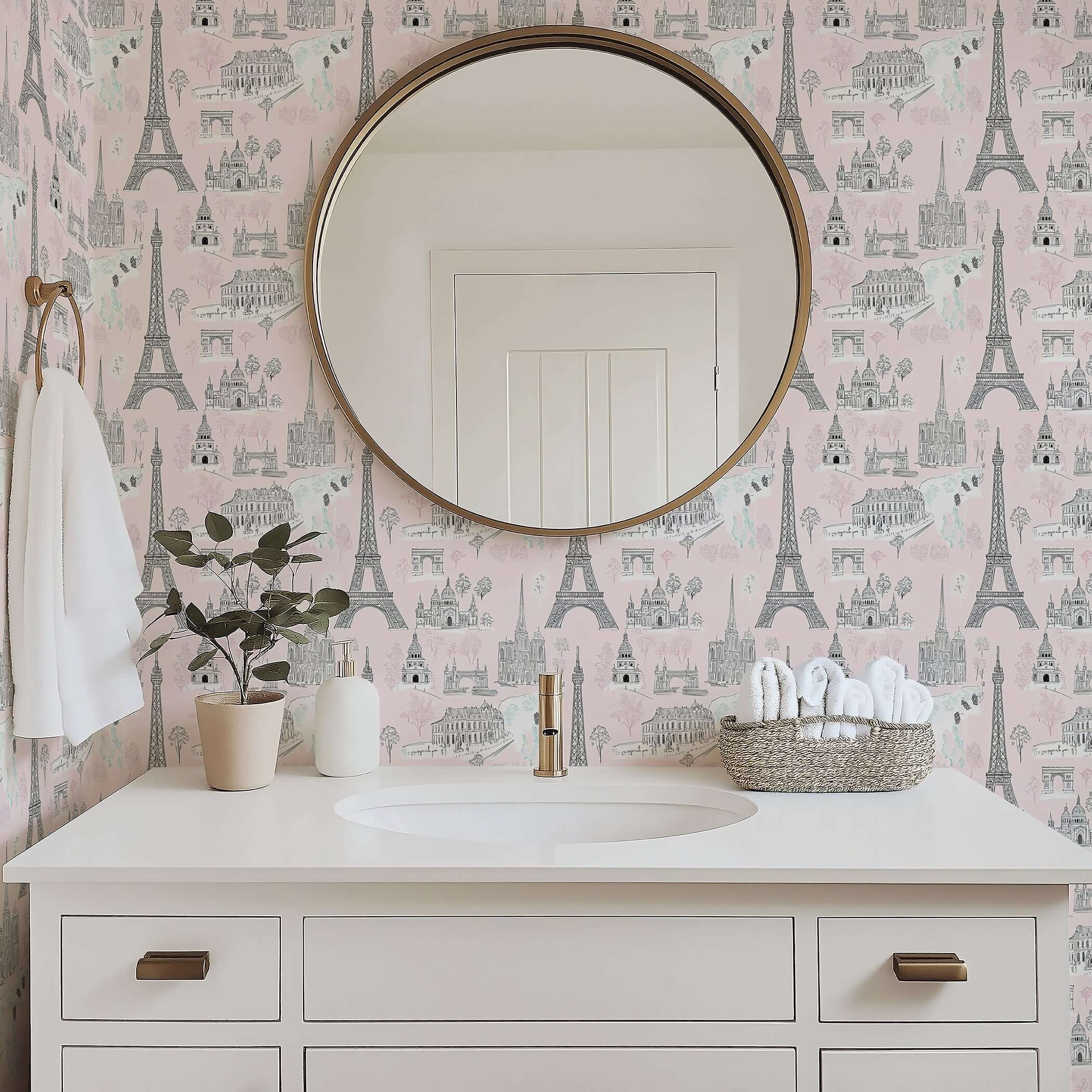 Paris-themed toile wallpaper with Eiffel Tower, Arc de Triomphe, and Notre Dame, perfect for a nursery or playroom accent.
